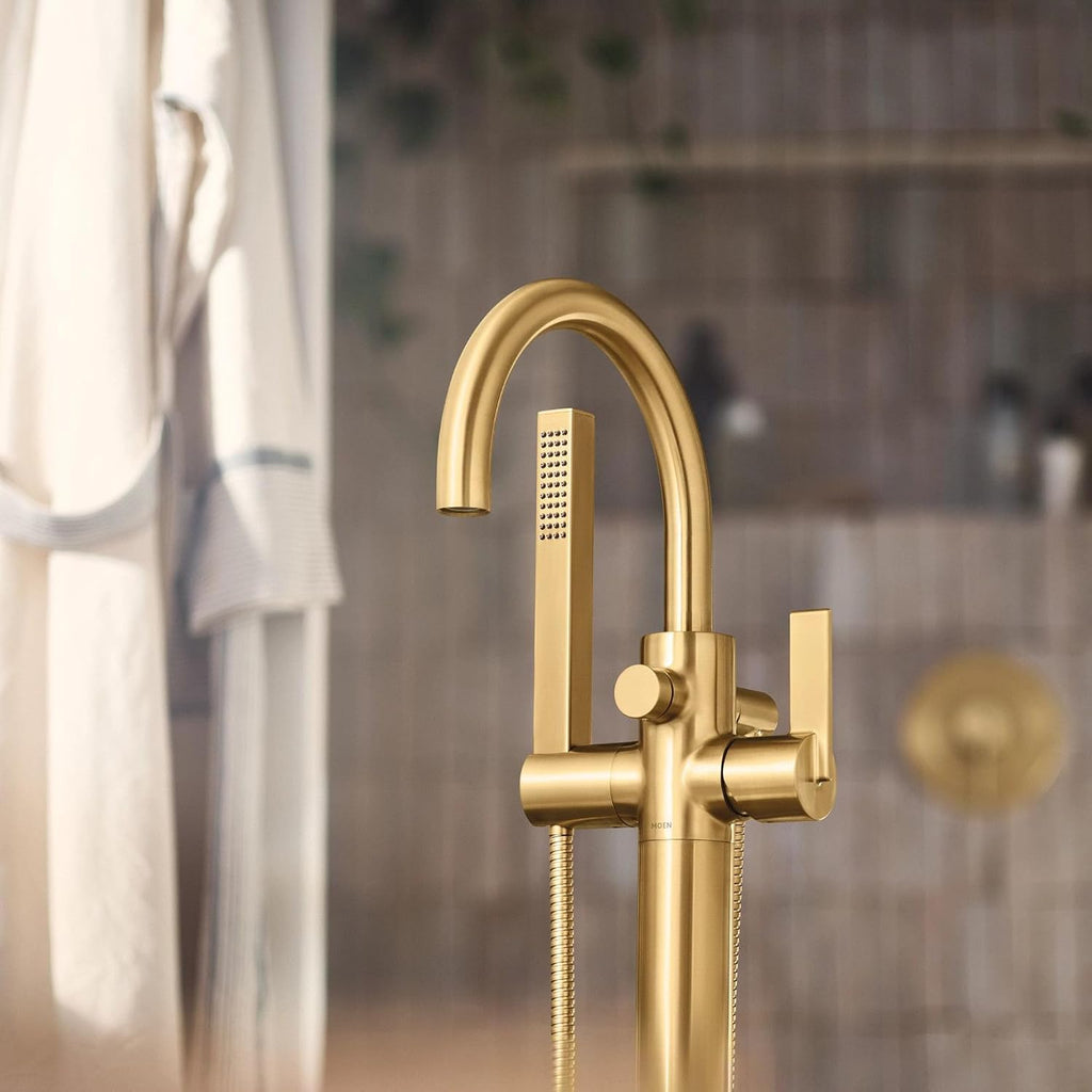 Moen Cia Brushed Gold One Handle Freestanding Floor Mount Tub Filler with Handshower, 615BG
