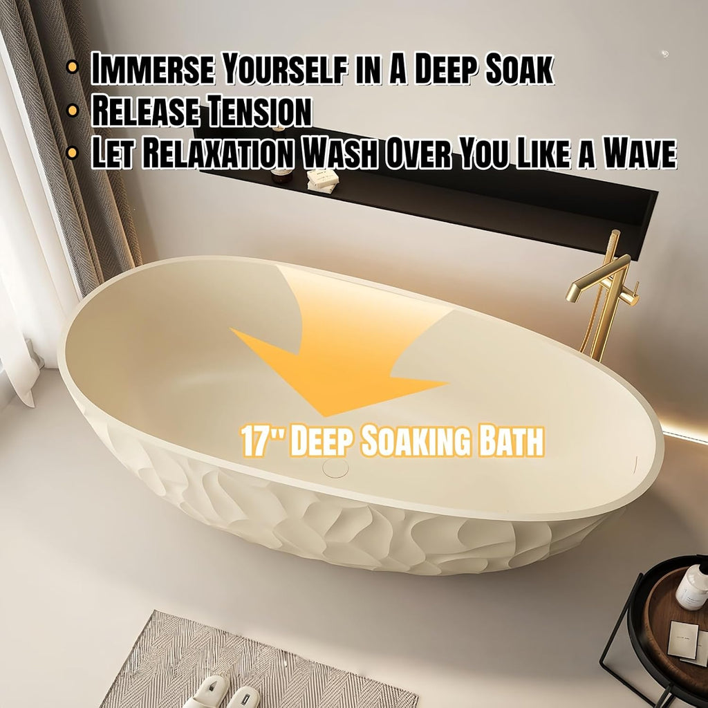 63' Edeyeu Luxury Freestanding Bathtub – Modern Solid Surface Bathtub With Ripple Design, Extra Deep Soaking Tub, Ergonomic Stand Alone Tub For Contemporary Luxury Bathrooms B