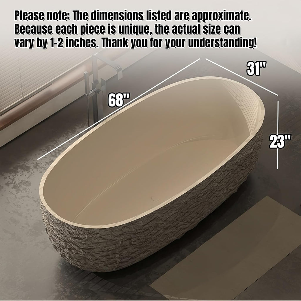 68' Edeyeu Freestanding Bathtub - Modern Solid Surface Bathtub Soaker Tub with Extra Deep Design, Durable One-Piece Stand Alone Tub for Spa-Like Soaking Experience, with Drain rock color