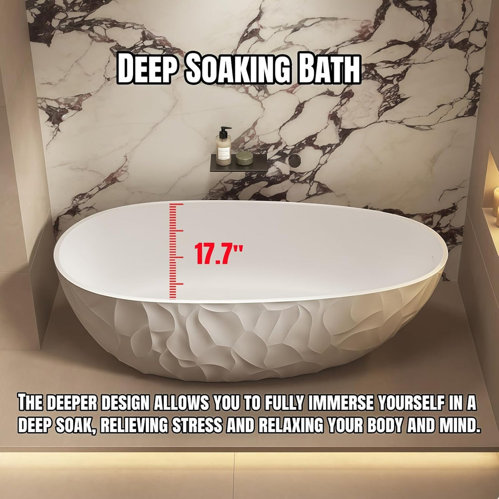 64' Edeyeu Luxury Freestanding Bathtub - Modern Soaker Tub Made of Premium PMMA Solid Surface, Extra Deep Freestanding Tub, Durable Stand Alone Bathtub for Contemporary Bathroom Design Black