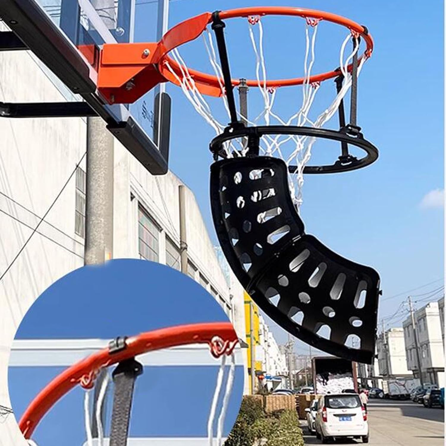 Basketball Return Attachment with 360° Rotating Chute, Outdoor Basketball Shot Returner, Plastic Basketball Net Catcher
