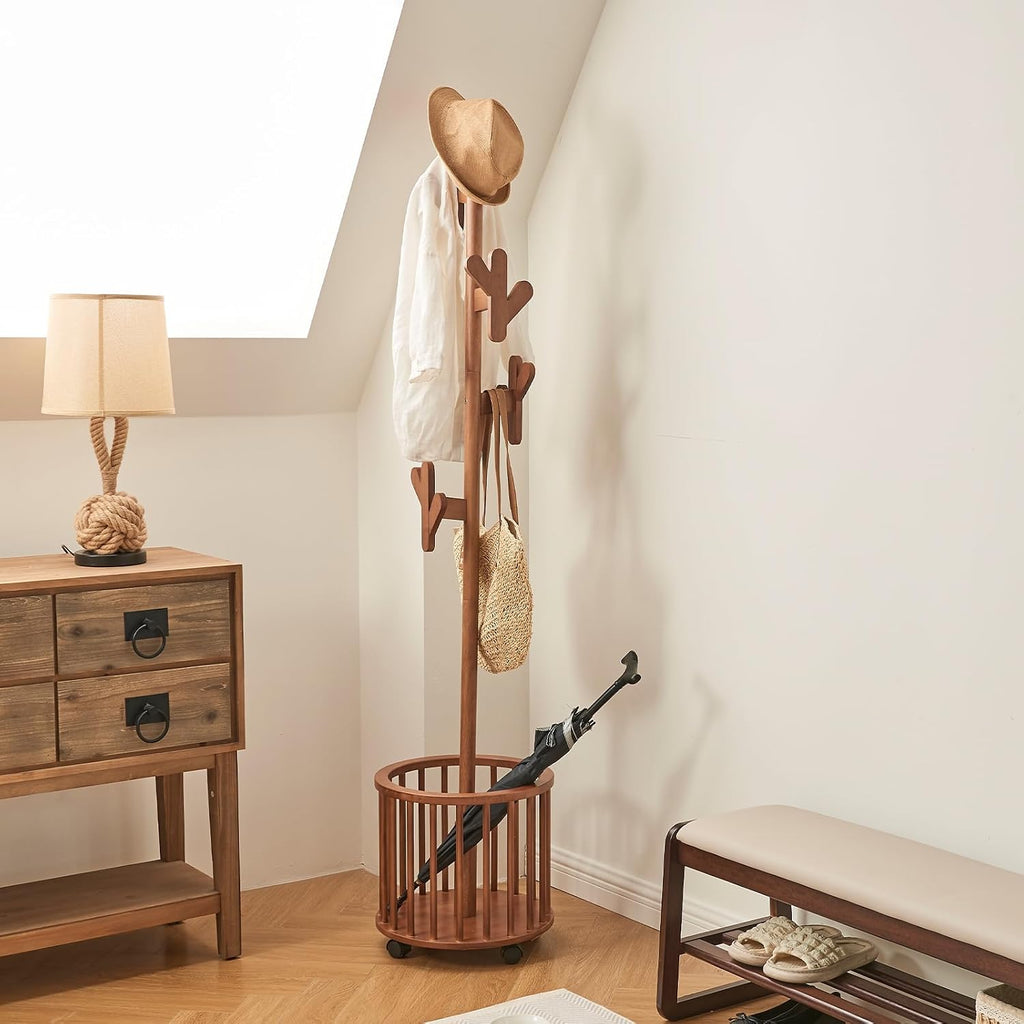 CozyDH Solid Wood Coat Rack Freestanding with Lockable 360° Rotary Casters, Coat Tree Stand with Umbrella Holder & Laundry Basket Storage & 12 Hooks, Walnut