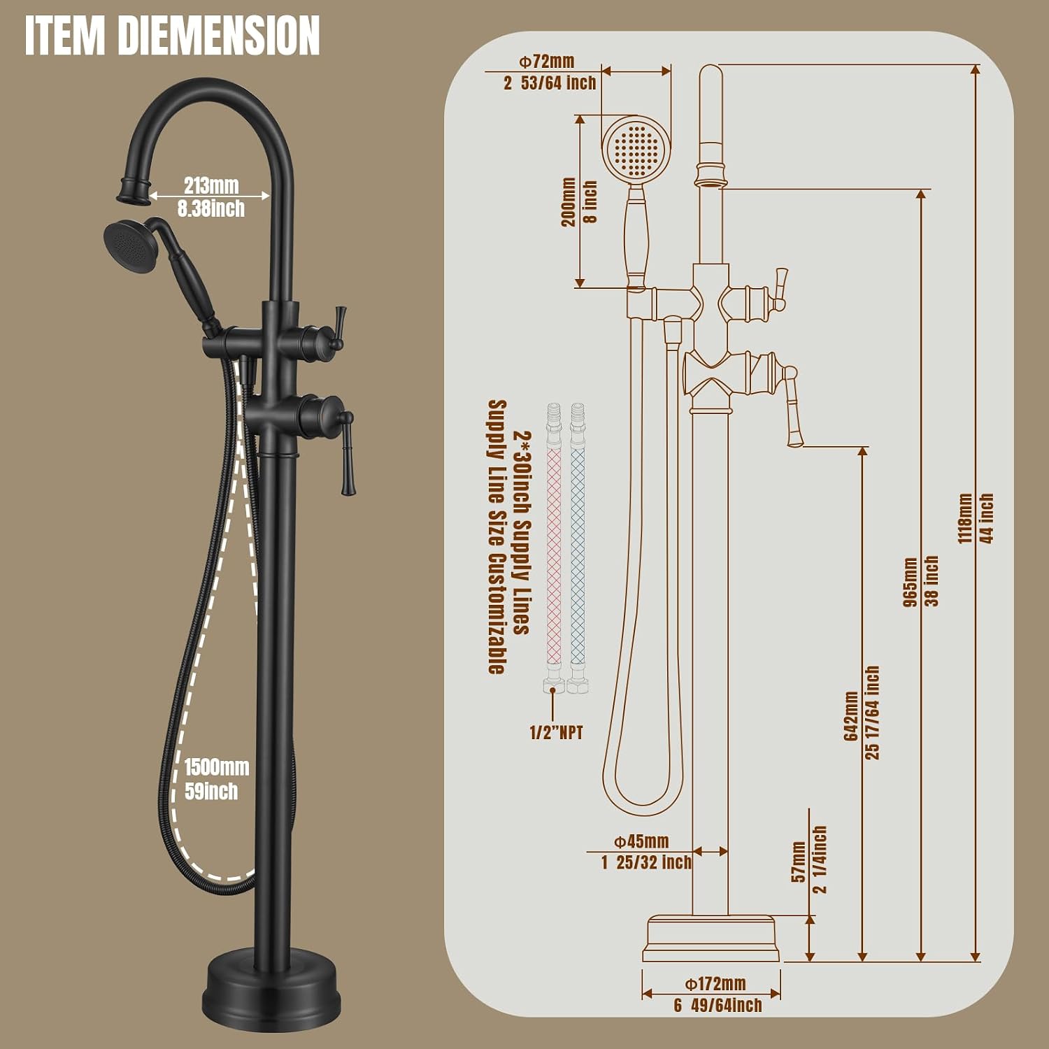 Free Standing Tub Faucet, Antique, Matte Black (B2311-BK) | H59-1 Premium Solid Brass, High Flow 6.6 GPM, Elegant & Vintage Styling