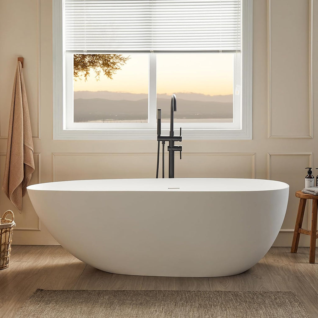 Cpingao 71' Solid Surface Bathtub, Stone Resin Freestanding Soak Tub for Bathroom, Non-Porous & Warm to Touch Surface, Matte White Deep Soaking Tub 8848-1800
