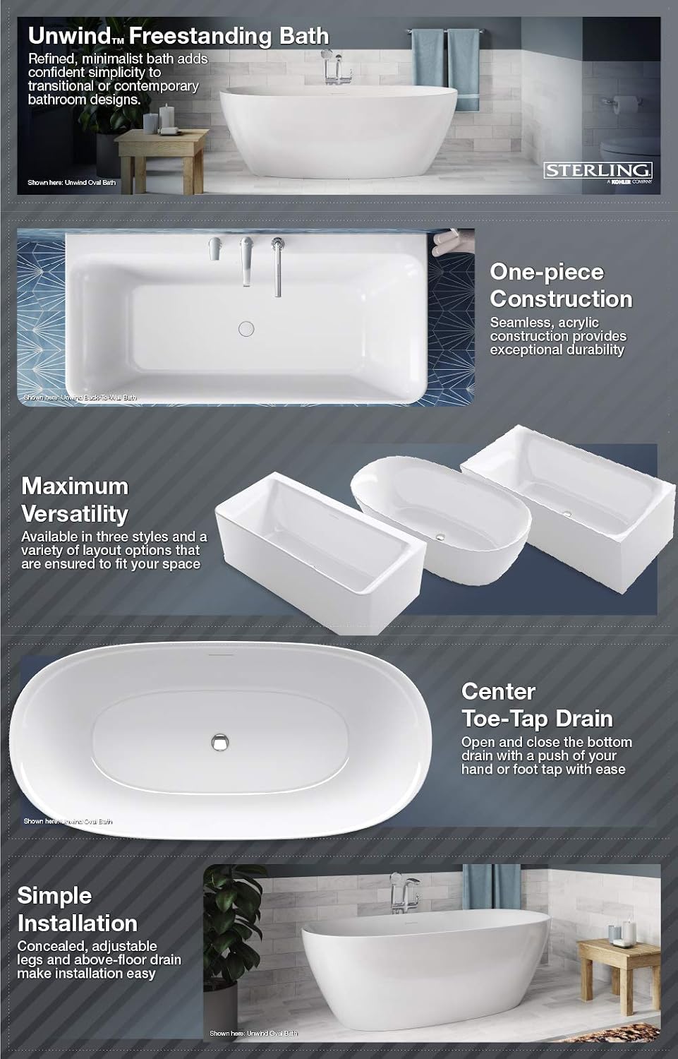 KOHLER Unwind 59-in X 30-in Seamless Back-to-wall Freestanding Bath