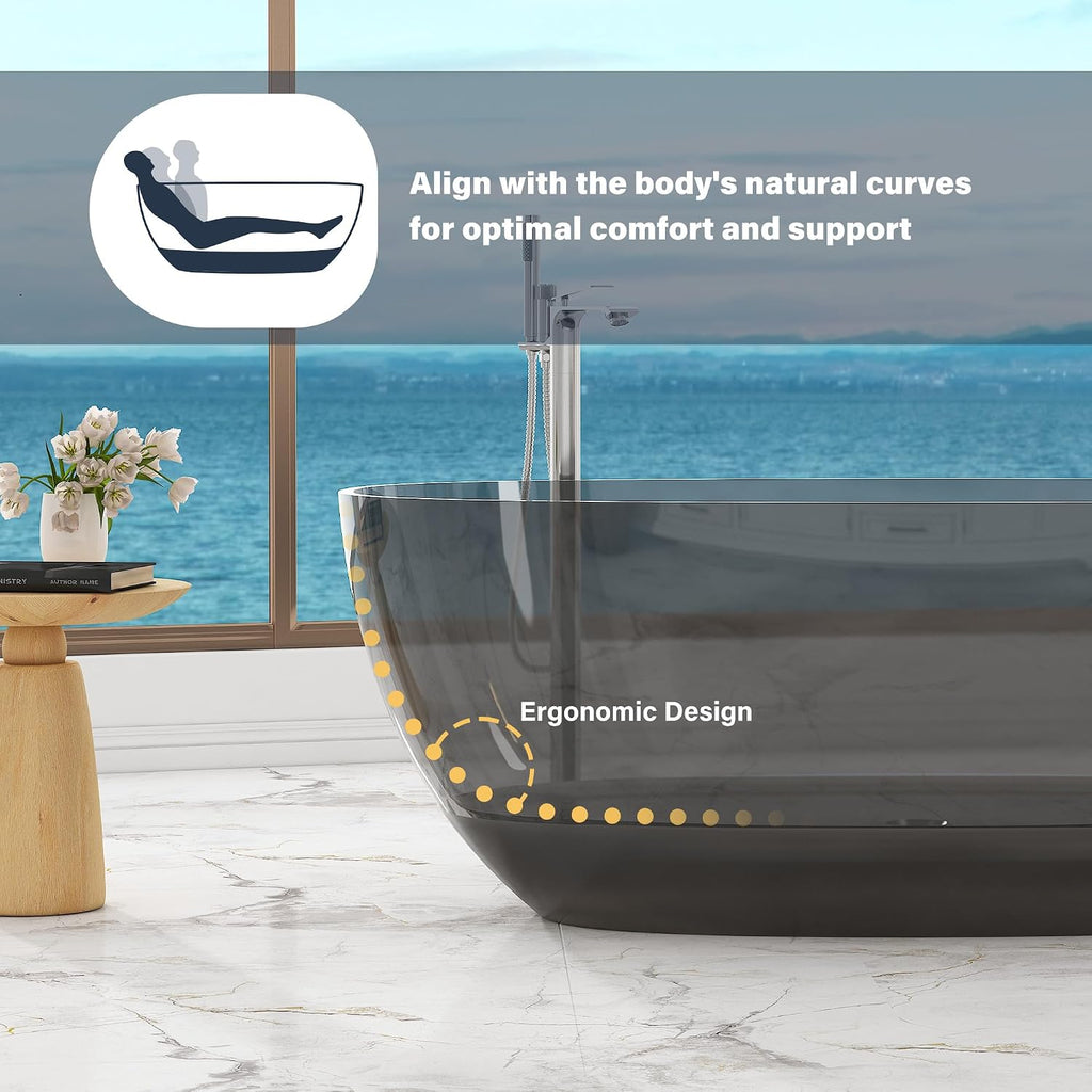 CASAINC 59' Resin Freestanding Bathtub Transparent Soaking Tub Modern Oval Design Stand Alone Tub with Pop-up Drain, 65.52 Gallons Water Storage Capacity 410 MM Soaking Depth, Transparent Ash Gray