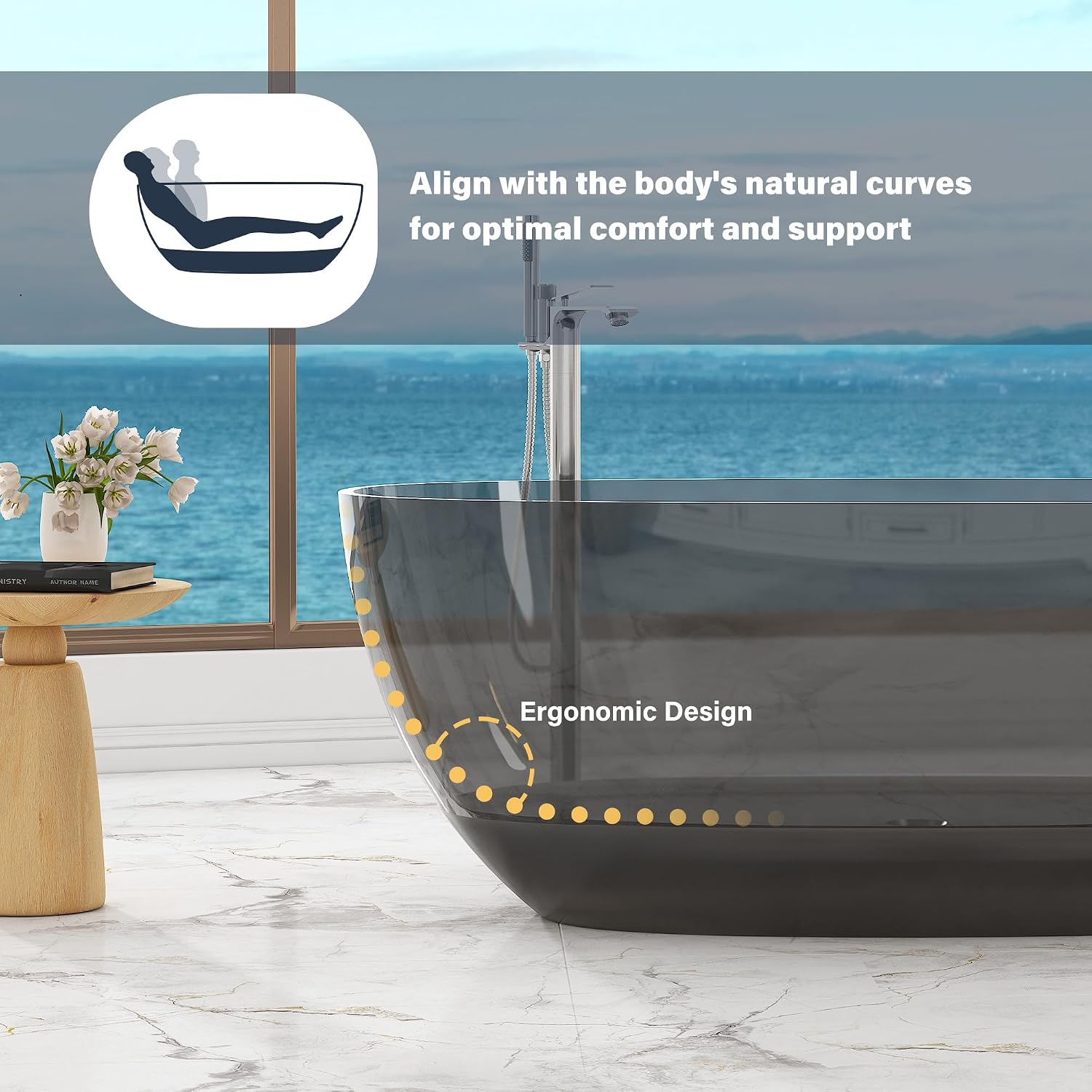 CASAINC 59' Resin Freestanding Bathtub Transparent Soaking Tub Modern Oval Design Stand Alone Tub with Pop-up Drain, 65.52 Gallons Water Storage Capacity 410 MM Soaking Depth, Transparent Ash Gray