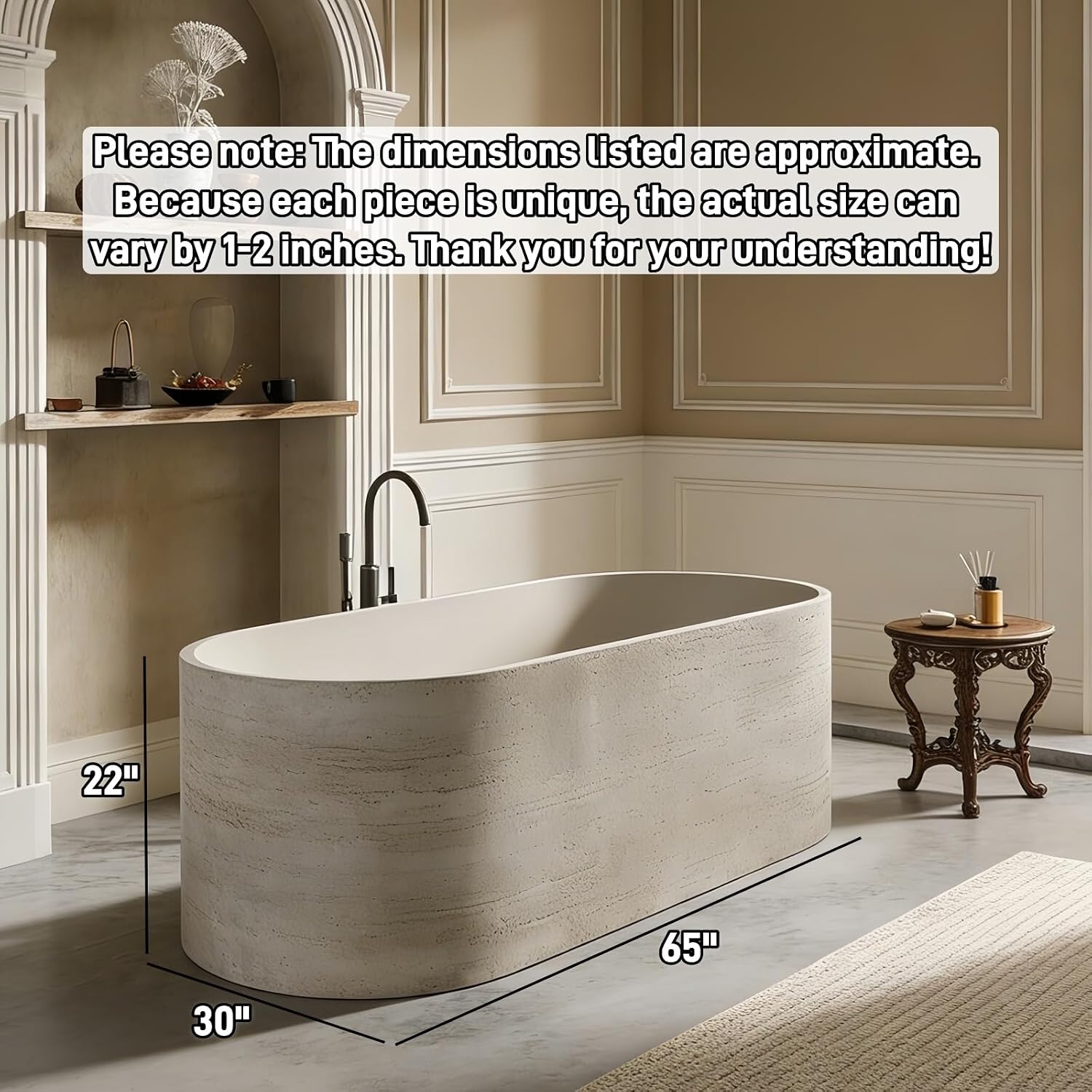 65' Edeyeu Freestanding Bathtub - Solid Surface Soaking Tub, Luxury Deep Soaker Tub, Modern Free Standing Bathtub for Ultimate Relaxation in Spas, Villas & Homes, Beige