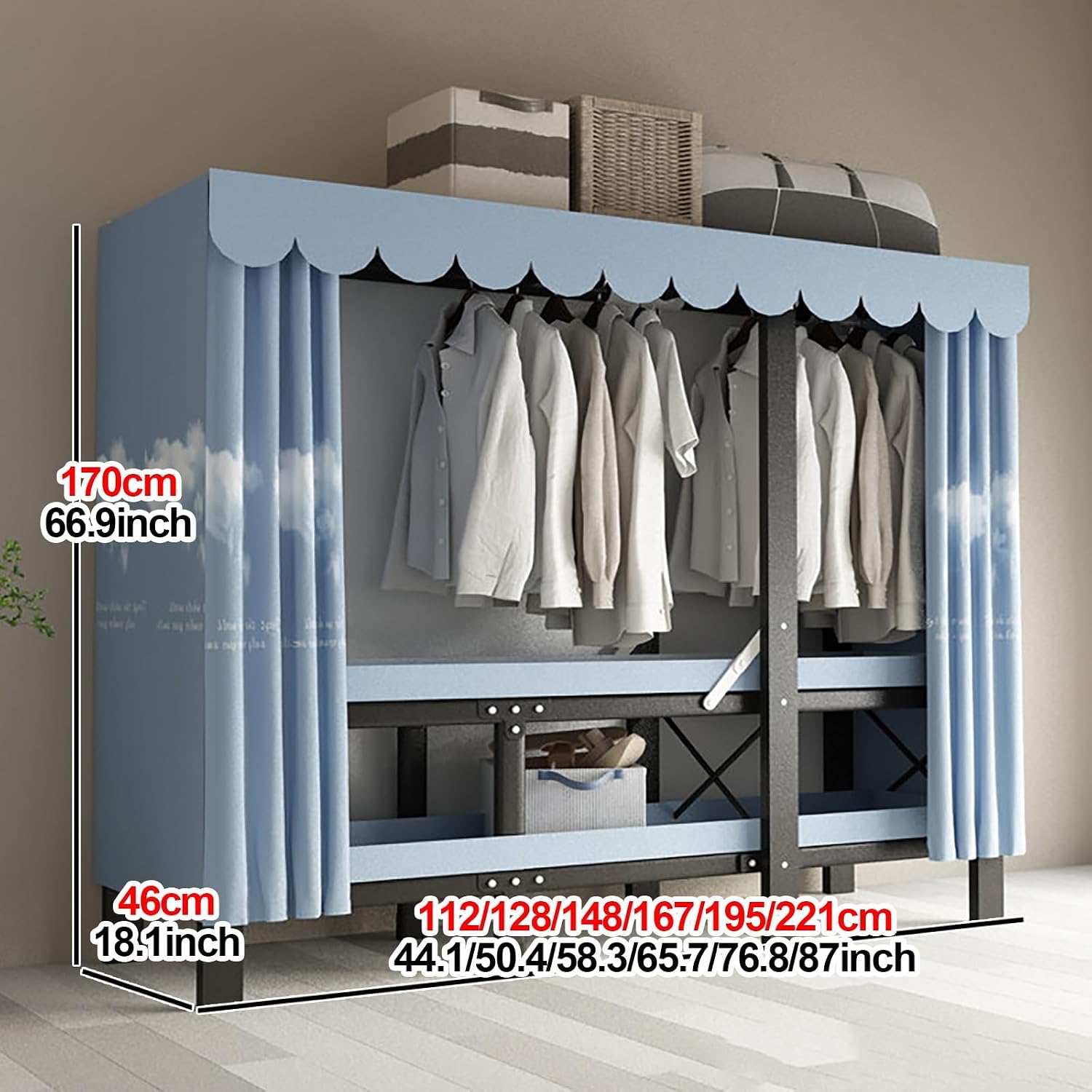Heavy Duty Clothes Rack With Cover Foldable Closet Wardrobe Metal Clothing Rack Portable Garment Racks For Hanging Clothes Freestanding Armoire Covered Storage(Yellow2,195x46x170cm)