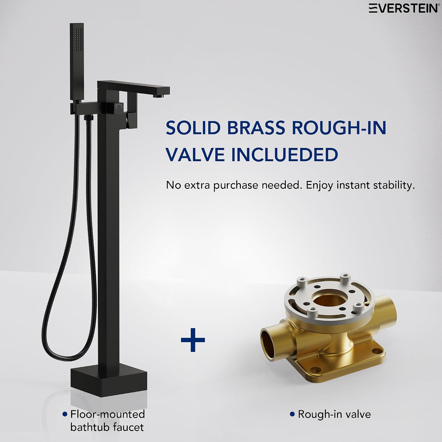 Freestanding Bathtub Faucet with Hand Held Shower, Floor Mount Tub Filler, Brass Bath Tub Faucet, Valve Included，Matte Black