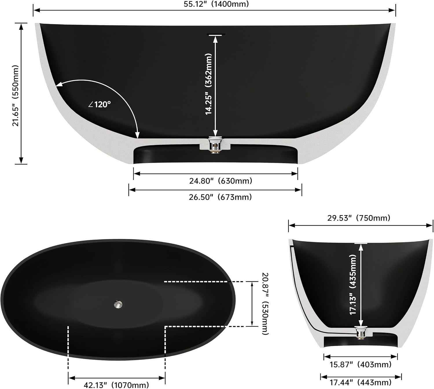 Oval 55' Freestanding Tub, Solid Surface Bathtub Matte Black | Stone Resin, Overflow and Pop up Drain, Solid Surface Bathroom Soaking Tub, Cupc Certified, Contemporary