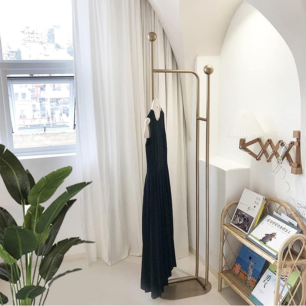 Heavy Duty Garment Rack Modern Metal Clothing Rack with Shelves Freestanding Coat Rack for Bedroom Hallway and Living Room Easy to Assemble Clothes Rail Small Space Storage Solution (Gold)