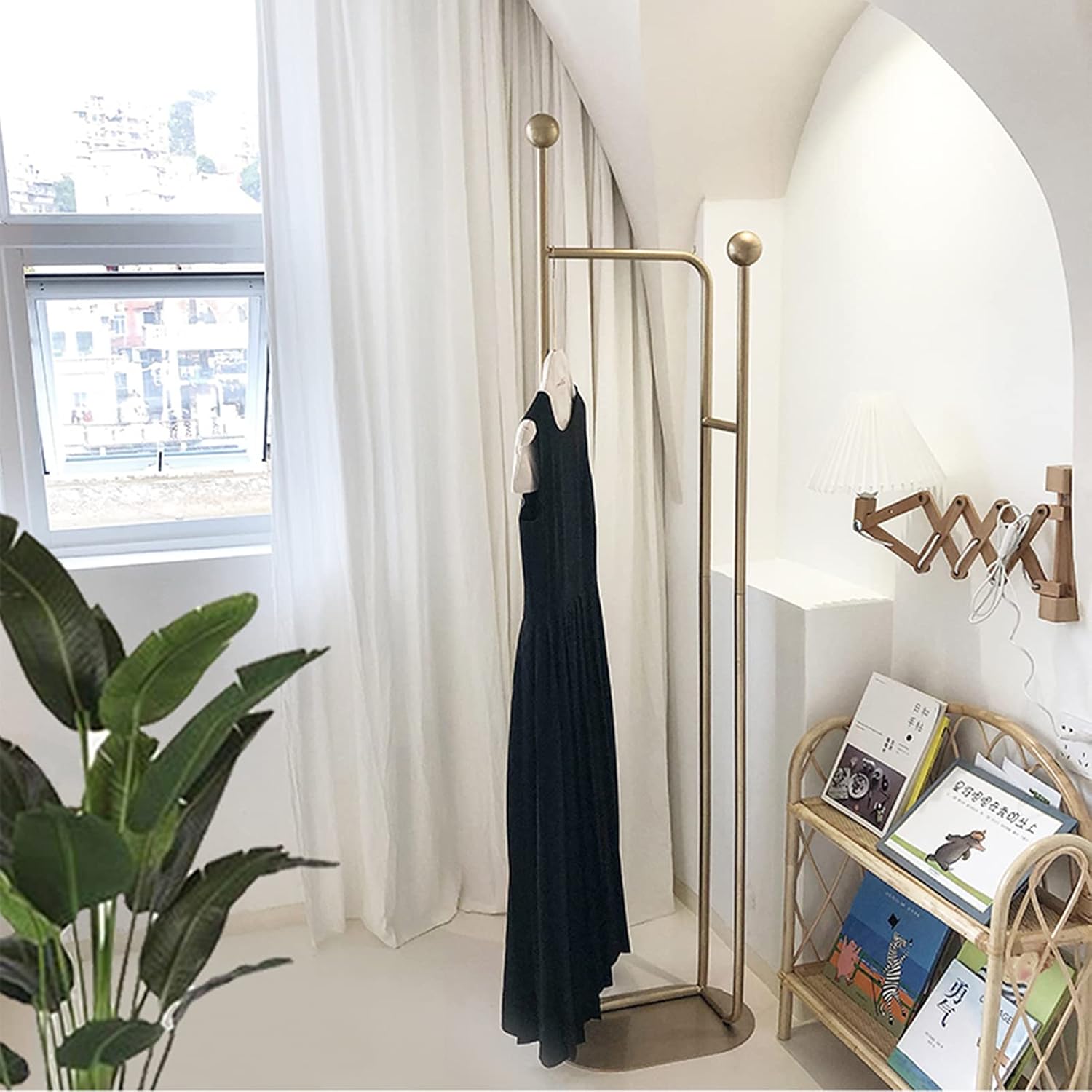 Heavy Duty Garment Rack Modern Metal Clothing Rack with Shelves Freestanding Coat Rack for Bedroom Hallway and Living Room Easy to Assemble Clothes Rail Small Space Storage Solution (Gold)