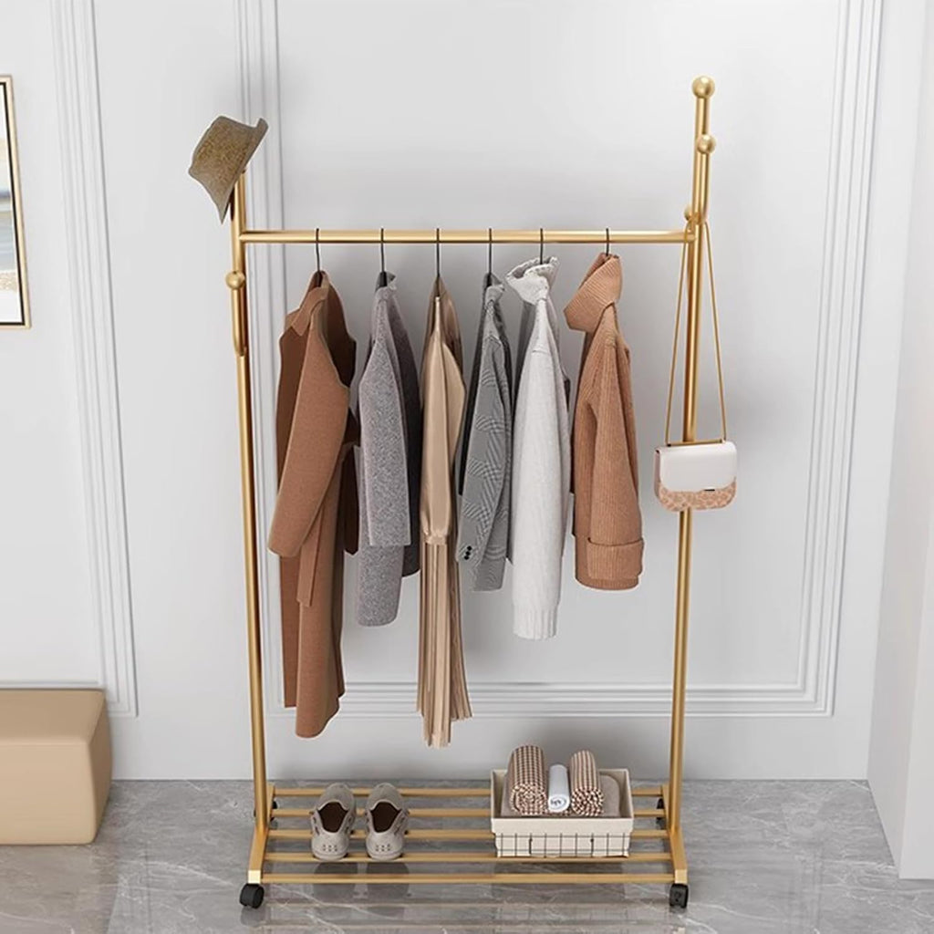 Heavy duty Garment rack Modern Golden Clothing Rack On Wheel, Freestanding Metal Coat Rack With Hooks And Shelves, Space-saving Coats Hanger Stand For Hanging Clothes, Bedroom Clothes Organizer ( 80X