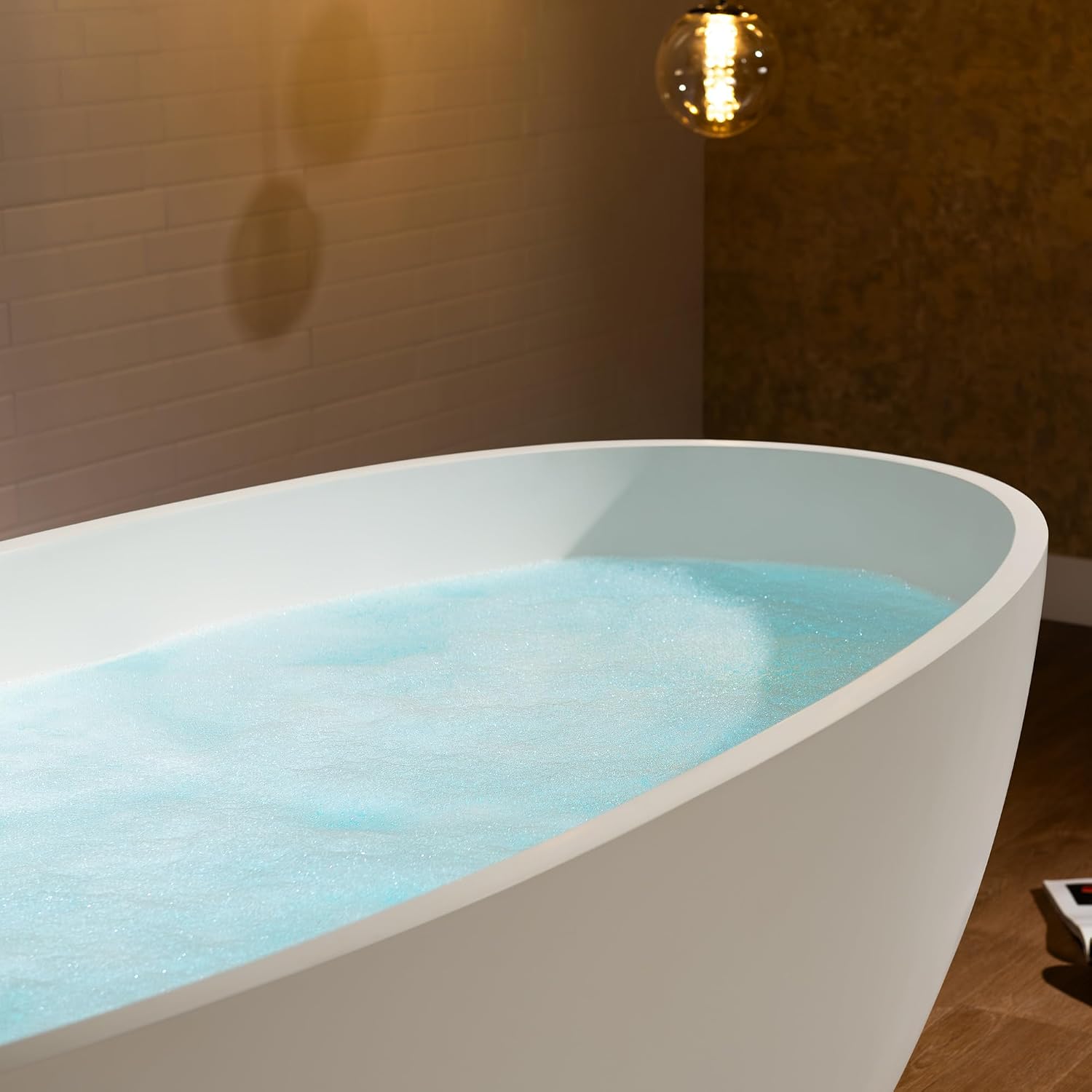 WOODBRIDGE 67' Stone Resin Freestanding Soaking Tub, Modern Oval Solid Surface Bathtub with Integrated Slotted Overflow & Drain, Matte White