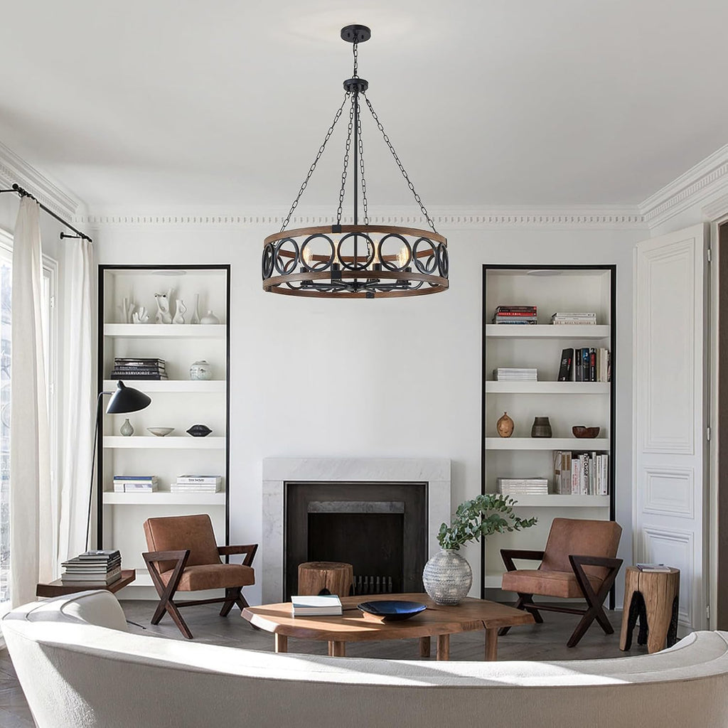 XINGQI Modern Farmhouse Chandelier 32.3' Large Drum 8 Lights Rustic Pendant Lighting Fixture for Living Room Dining Room Kitchen Island Bar Office, Round Metal Shade Black Wood Grain Finish