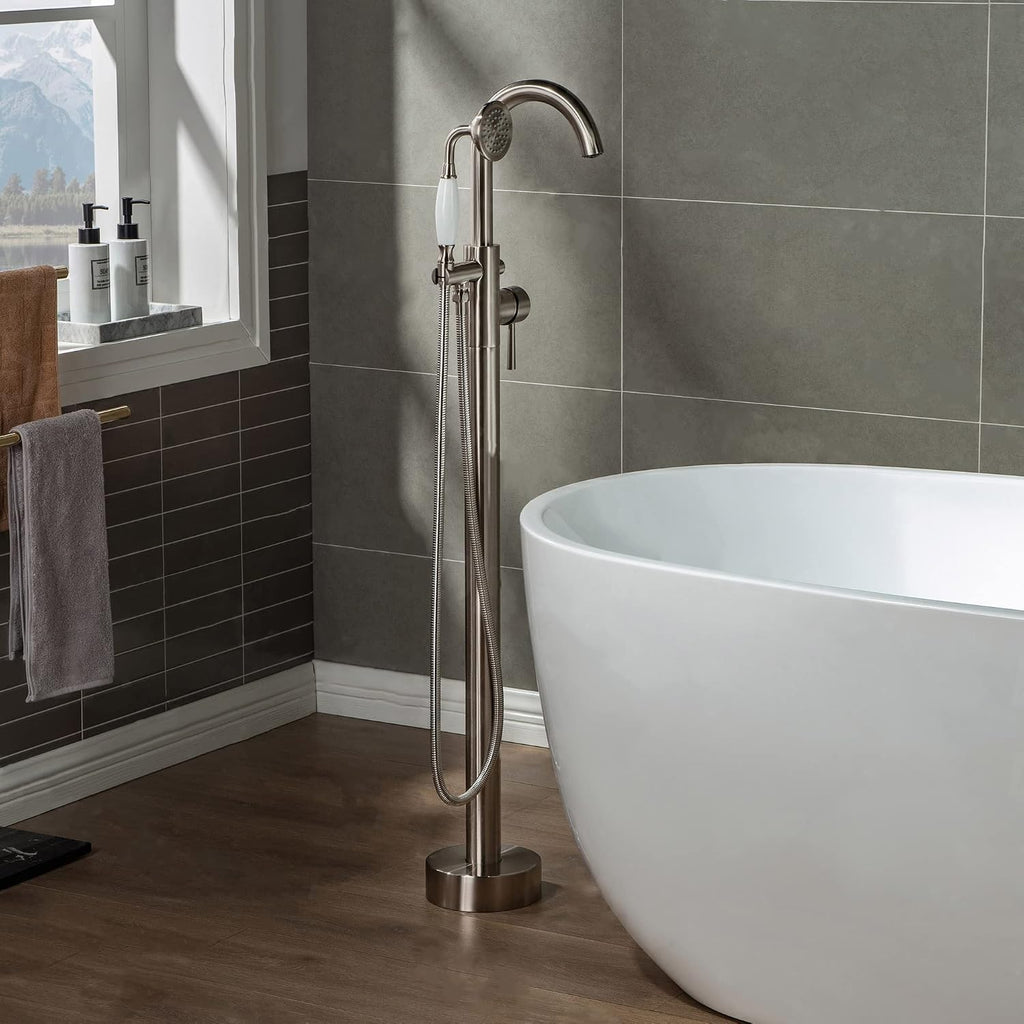 WOODBRIDGE F0001BNVT Fusion Single Handle Floor Mount Freestanding Tub Filler Faucet with Telephone Hand shower in Brushed Nickel Finish