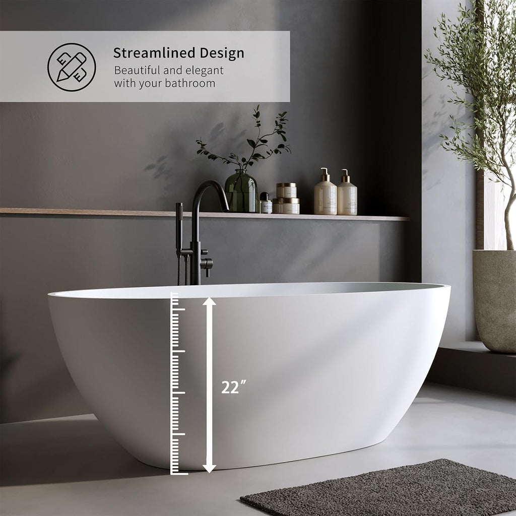 66.9' Stone Resin Freestanding Bathtub, Oval Shape Solid Surface Bathroom Freestanding Tubs, Stand Alone Soaking Tubs with Integrated Slotted Overflow and Drain, Matte White