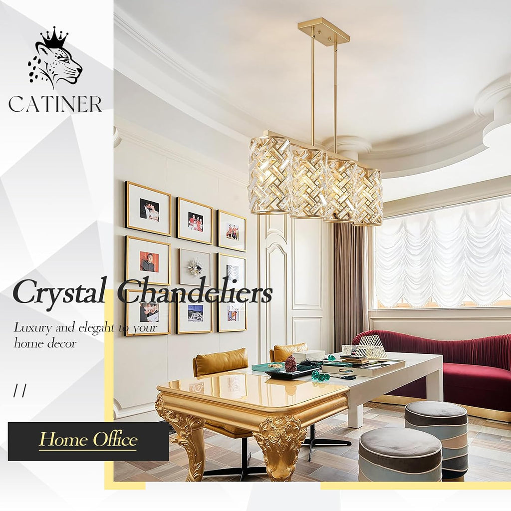 CATINER Gold Crystal Kitchen Island Lighting 40' Modern Linear Chandelier 4 Lights Ceiling Pendant Light Fixture Luxury for Kitchen Dining Room Living Room