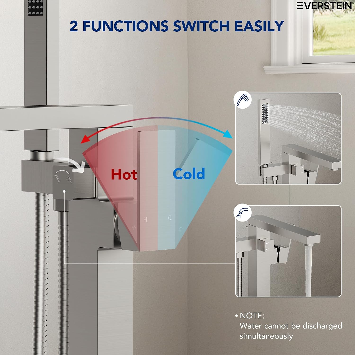 Freestanding Bathtub Faucet with Hand Held Shower, Floor Mount Tub Filler, Brass Bath Tub Faucet, Valve Included，Brushed Nickel