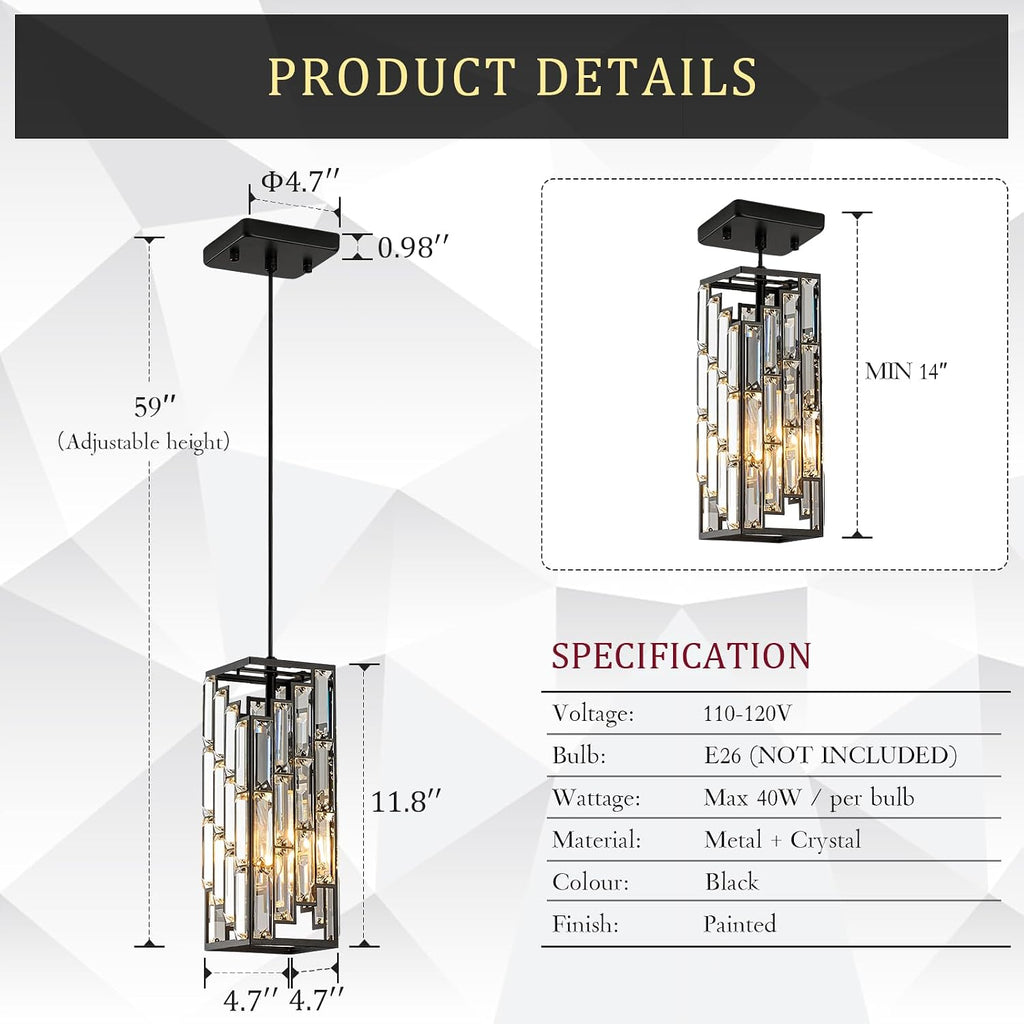CATINER Black Crystal Pendant Lights 3 Pack, Mini Hanging Pendant Lighting Fixture with Adjustable Cord, Modern Kitchen Island Pendant Lights for Dining Room, Bedroom, Hallway, E26 Base