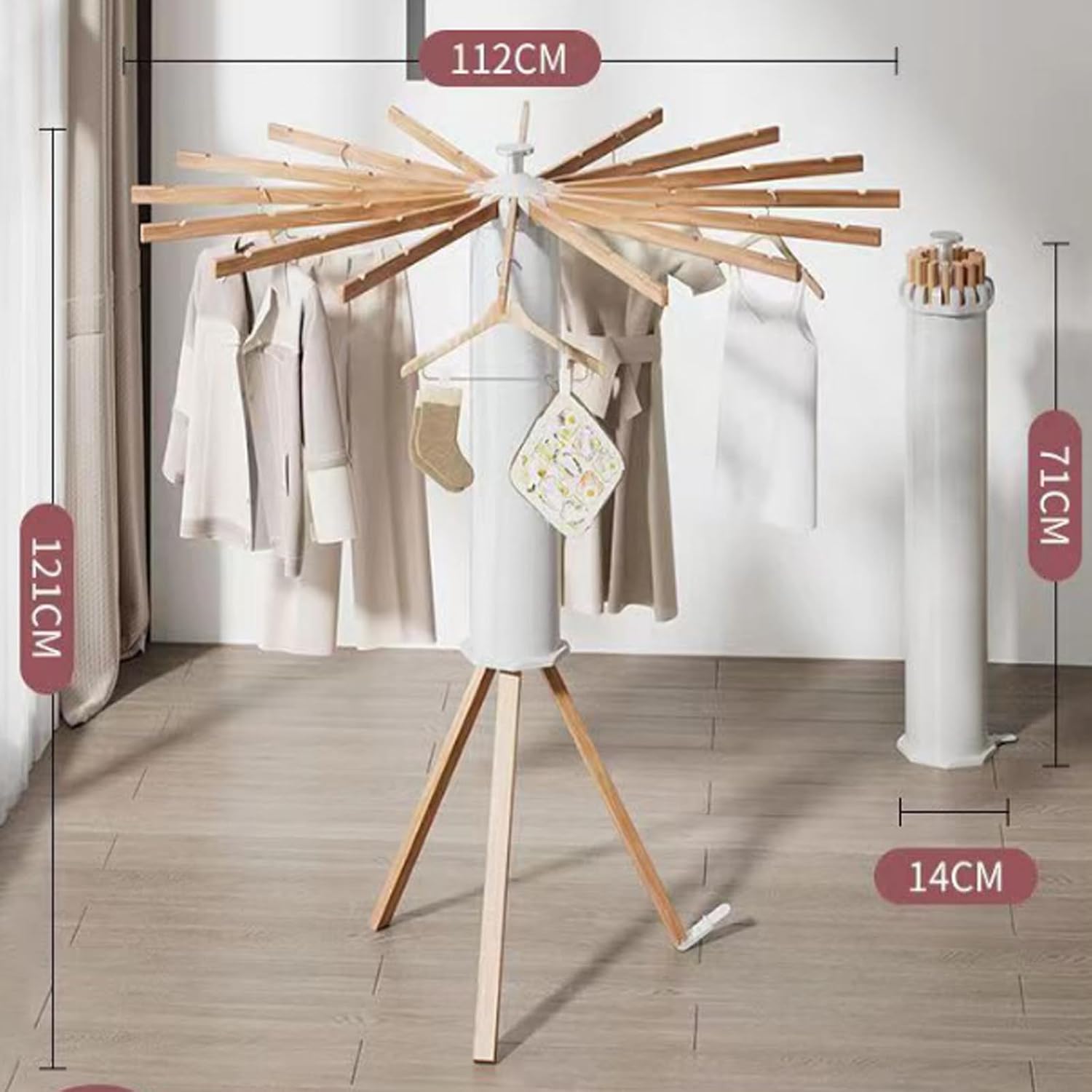 Tripod Clothes Drying Rack,Foldable Laundry Stand/Collapsible Garment Rack- 360° Rotation, High Laundry Drying Rack With16 Poles/Pedal Buckle/Bearing 30kg,White