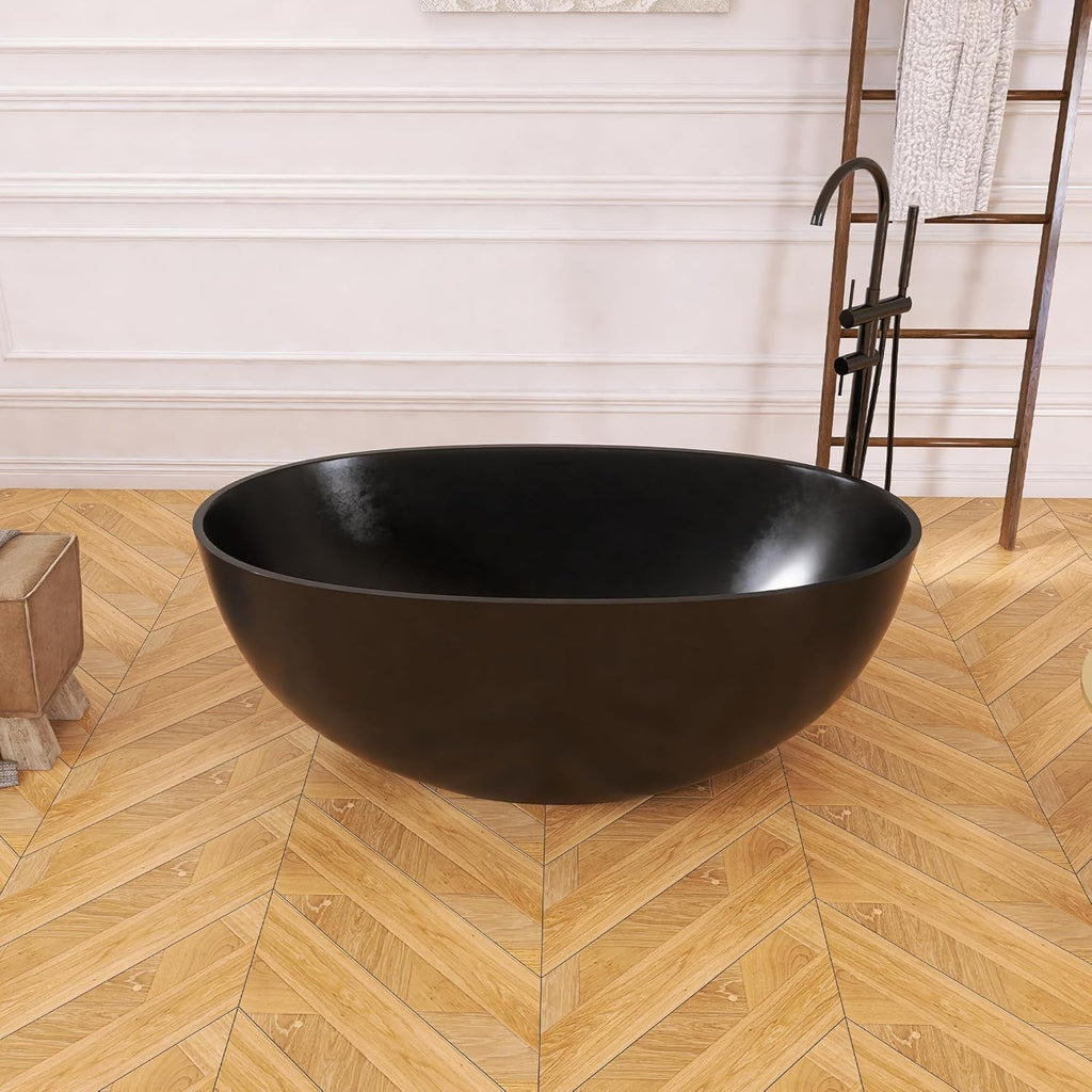 Oval 55' Freestanding Tub, Solid Surface Bathtub Matte Black | Stone Resin, Overflow and Pop up Drain, Solid Surface Bathroom Soaking Tub, Cupc Certified, Contemporary