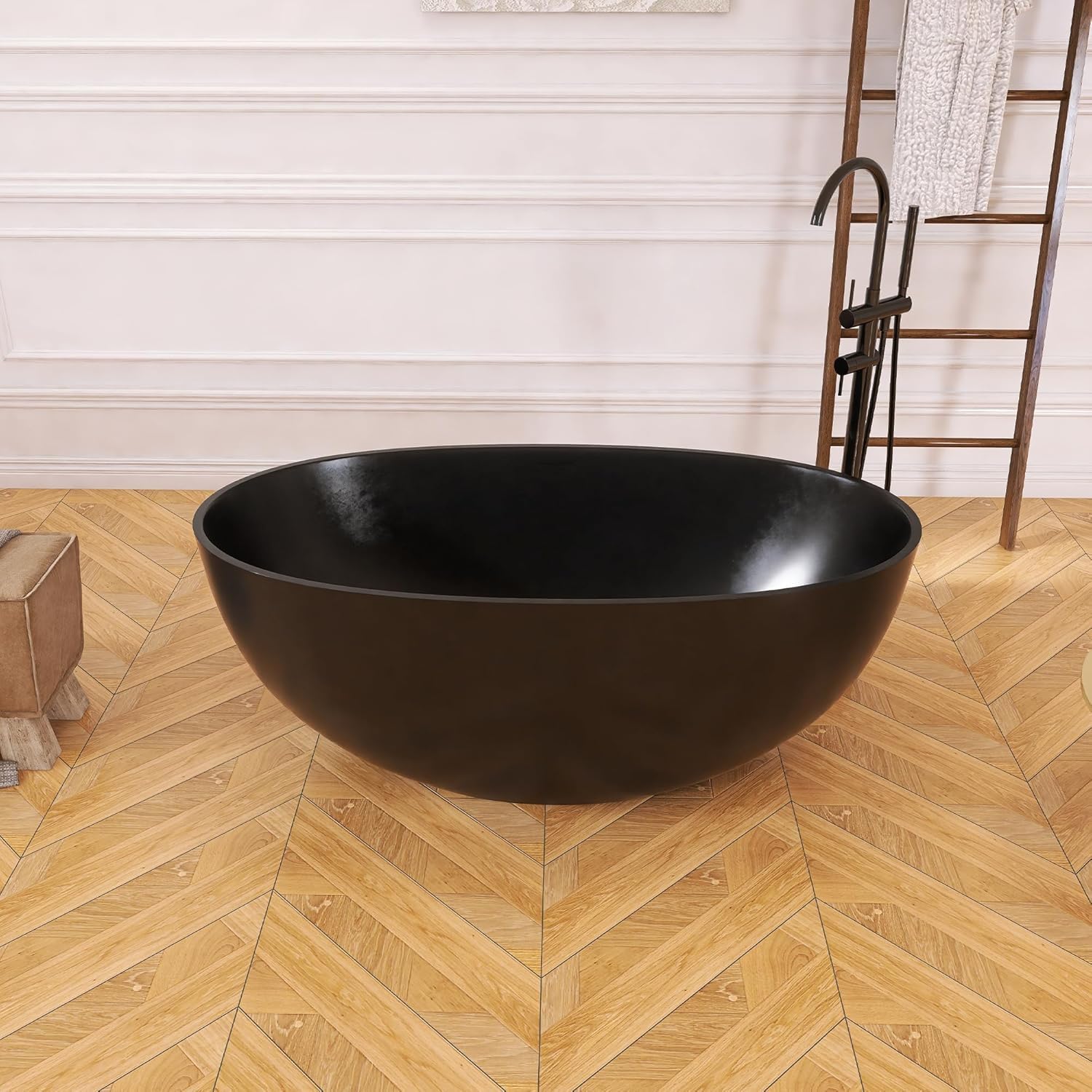 Oval 55' Freestanding Tub, Solid Surface Bathtub Matte Black | Stone Resin, Overflow and Pop up Drain, Solid Surface Bathroom Soaking Tub, Cupc Certified, Contemporary