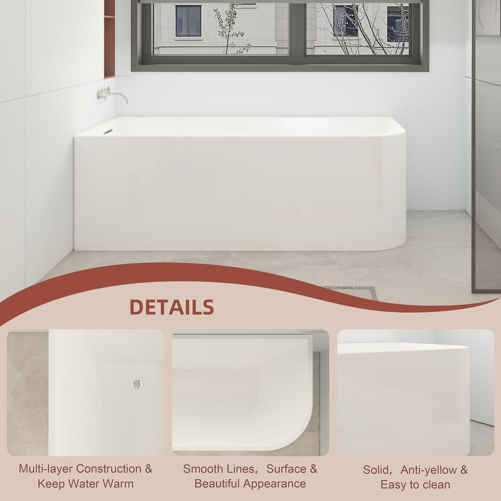 59 inch Corner Wave Style Left Drain Freestanding Soaking Bathtub, Modern Stand Alone Free Standing Acrylic Durable Tub with Left Hand Drain & Overflow, Glossy White