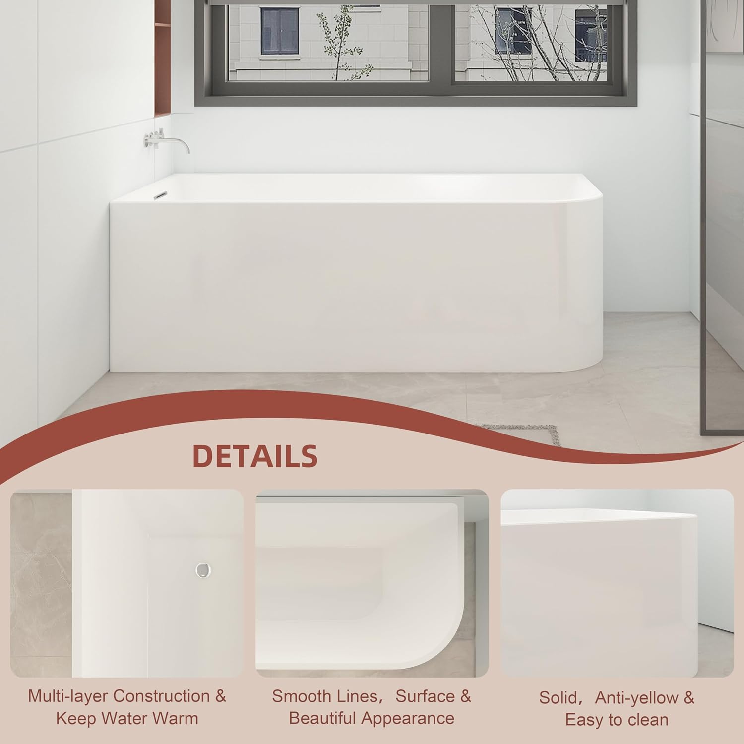 59 inch Corner Wave Style Left Drain Freestanding Soaking Bathtub, Modern Stand Alone Free Standing Acrylic Durable Tub with Left Hand Drain & Overflow, Glossy White
