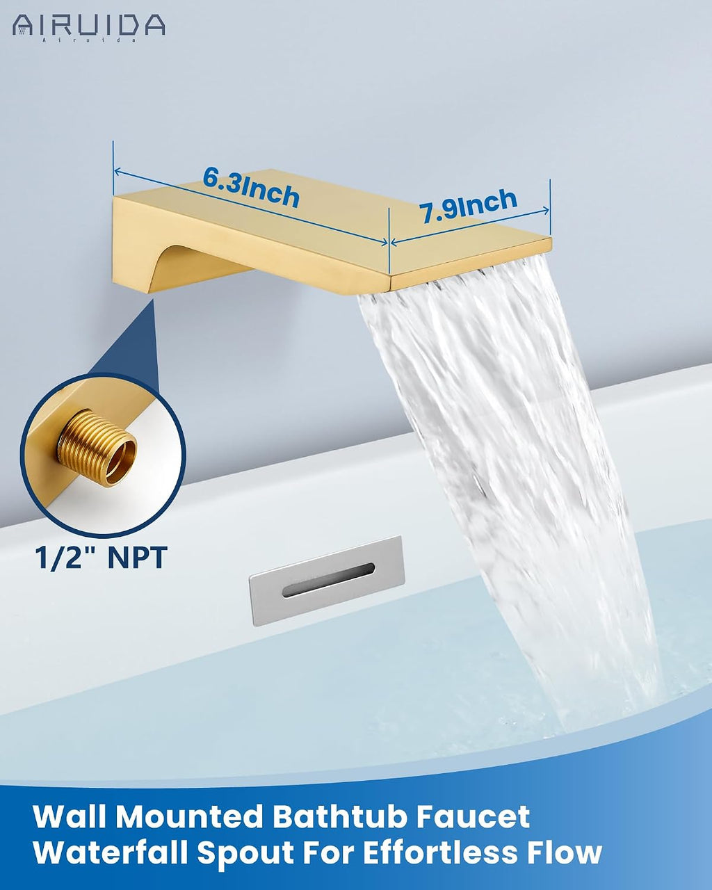 Airuida Wall Mount Tub Faucet with Waterfall Tub Spout Wall Mounted Bathtub Faucet with Handheld Shower Single Handle Tub Filler Shower Faucet Set with Rough-in valve Straight Spout Brushed Gold