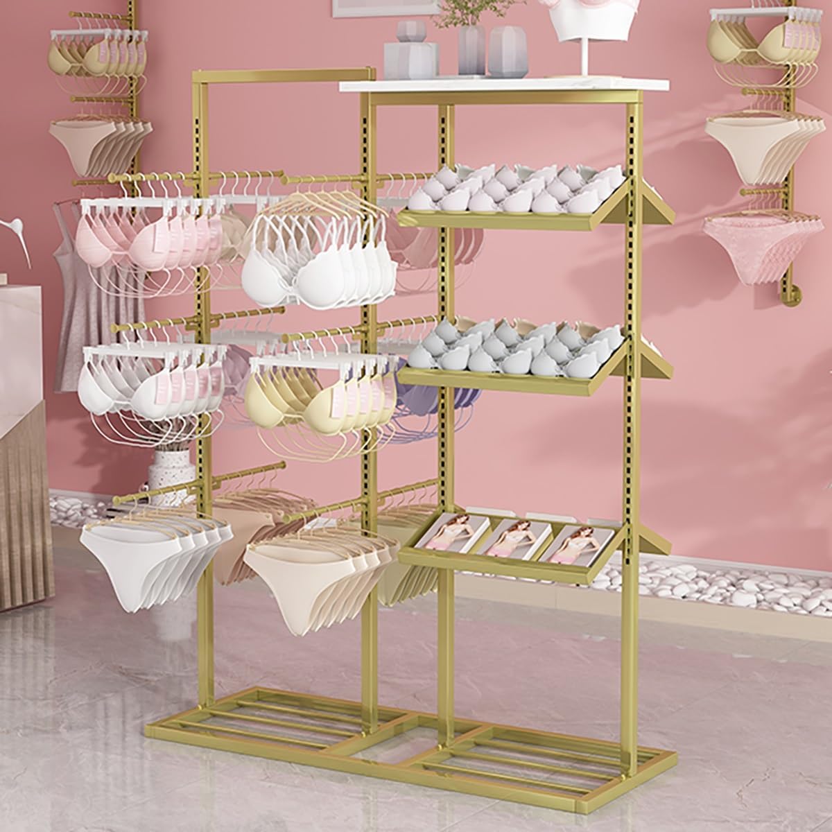 3 Tier Lingerie Garment Rack Retail Clothing Rack,Underwear Display Stands,Freestanding Clothing Store Storage Shelf,Multifunctional Panties Bra Gloves Socks Commercial Shelves(Silver,100cm/39.3in-2)