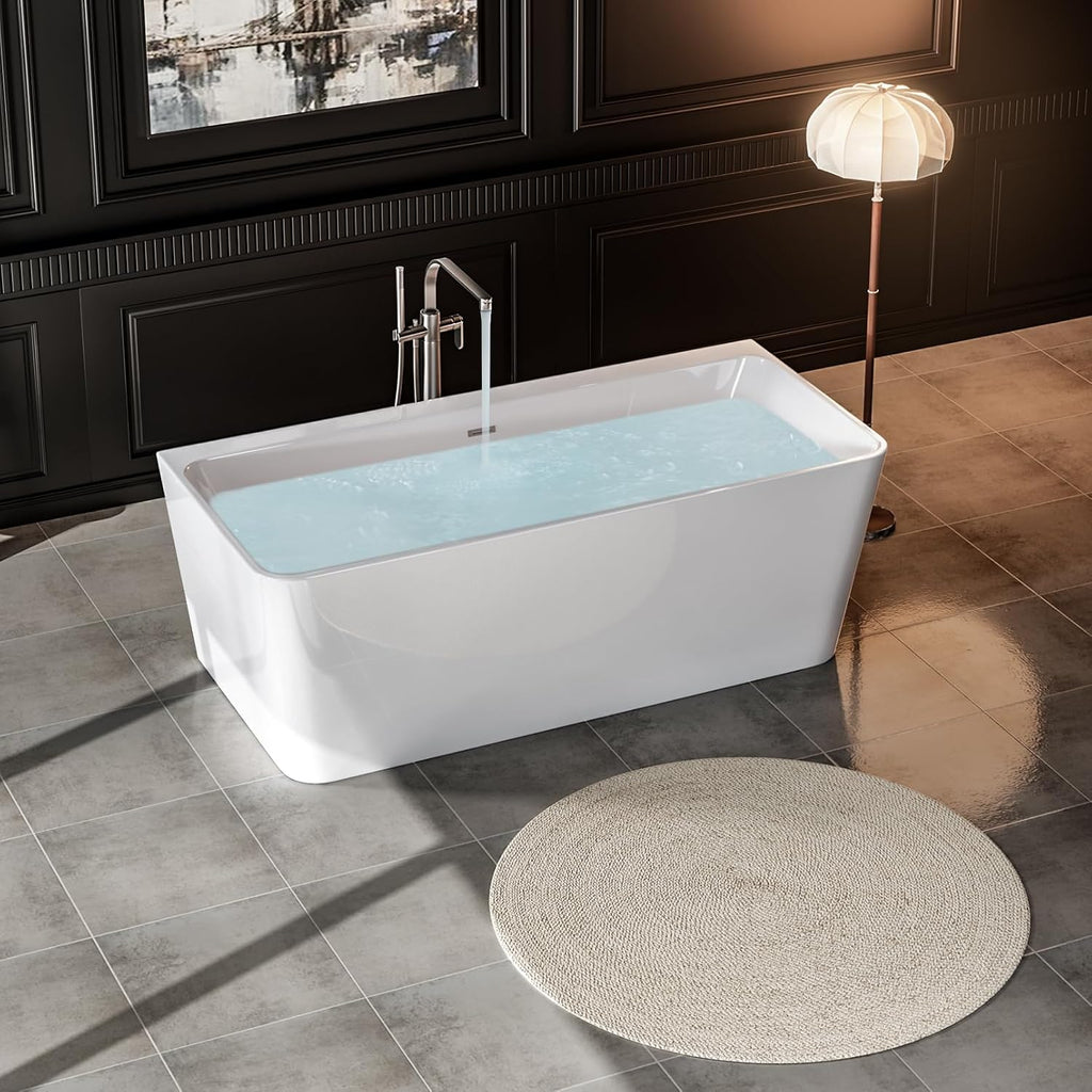 Empava 67' Freestanding Bathtub - Modern Back-to-Wall Soaking Tub with Chrome Drain & Overflow, Gloss White Acrylic Design