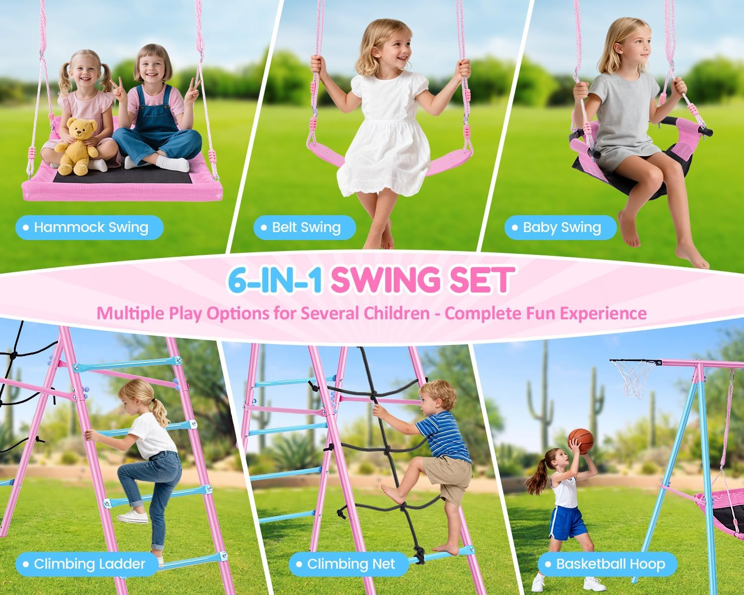 Heavy Duty Swing Sets for Backyard Kids 3-12, 700LBS 6-in-1 Outdoor Swingset for Playground with Basketball Hoop, 3 Adjustable Swings, Climbing Ladder Net - Large Metal Playset for Toddlers Children
