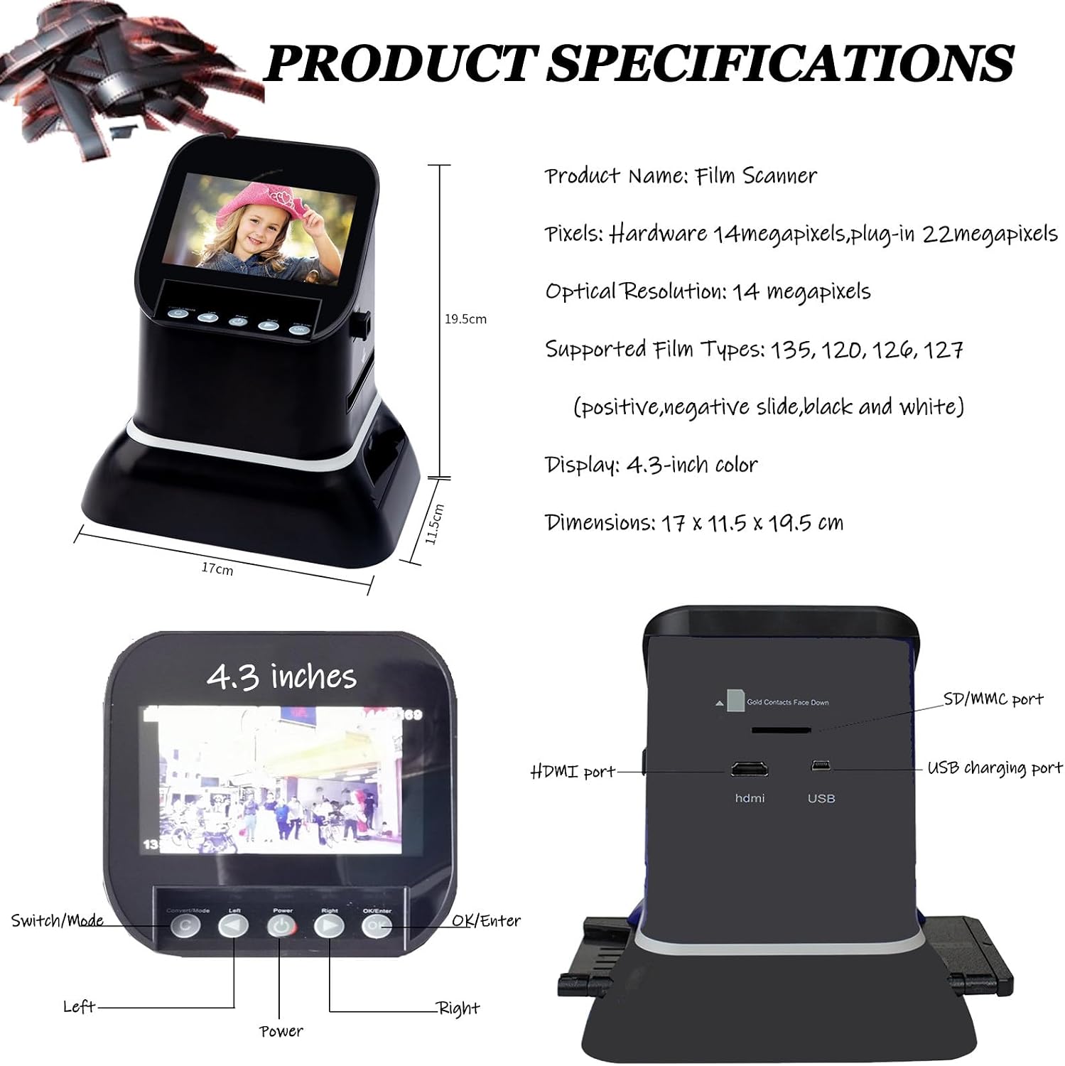 High Resolution 120 Film Scanner 22 Mega Pixels Slide Negative Photo Scanner Digital 35mm 135 126KPK Film Converter 4.3' LCD