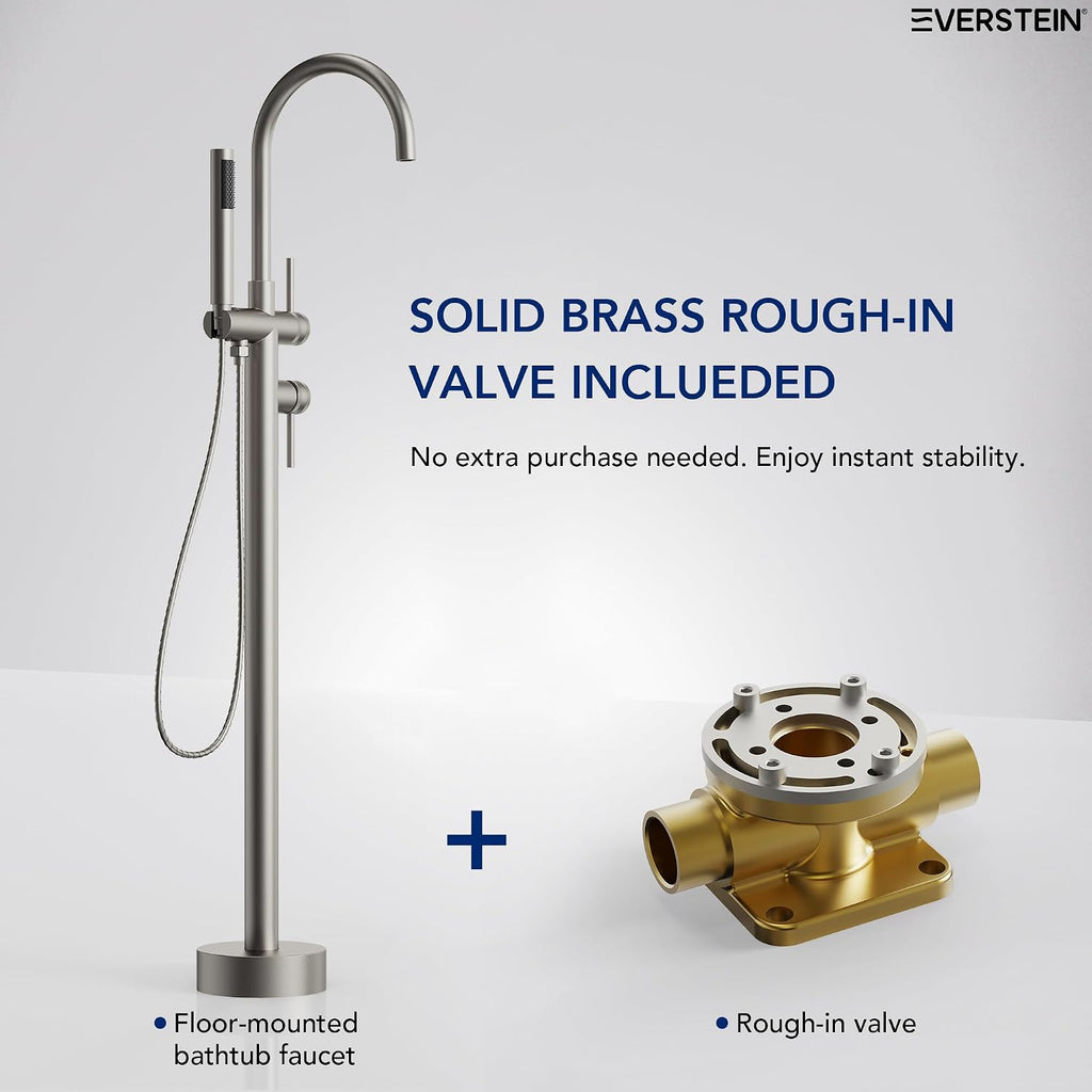 Freestanding Bathtub Faucet with Hand Held Shower, Floor Mount Tub Filler, Dual Handle Brass Bath Tub Faucet, Valve Included，Brushed Nickel