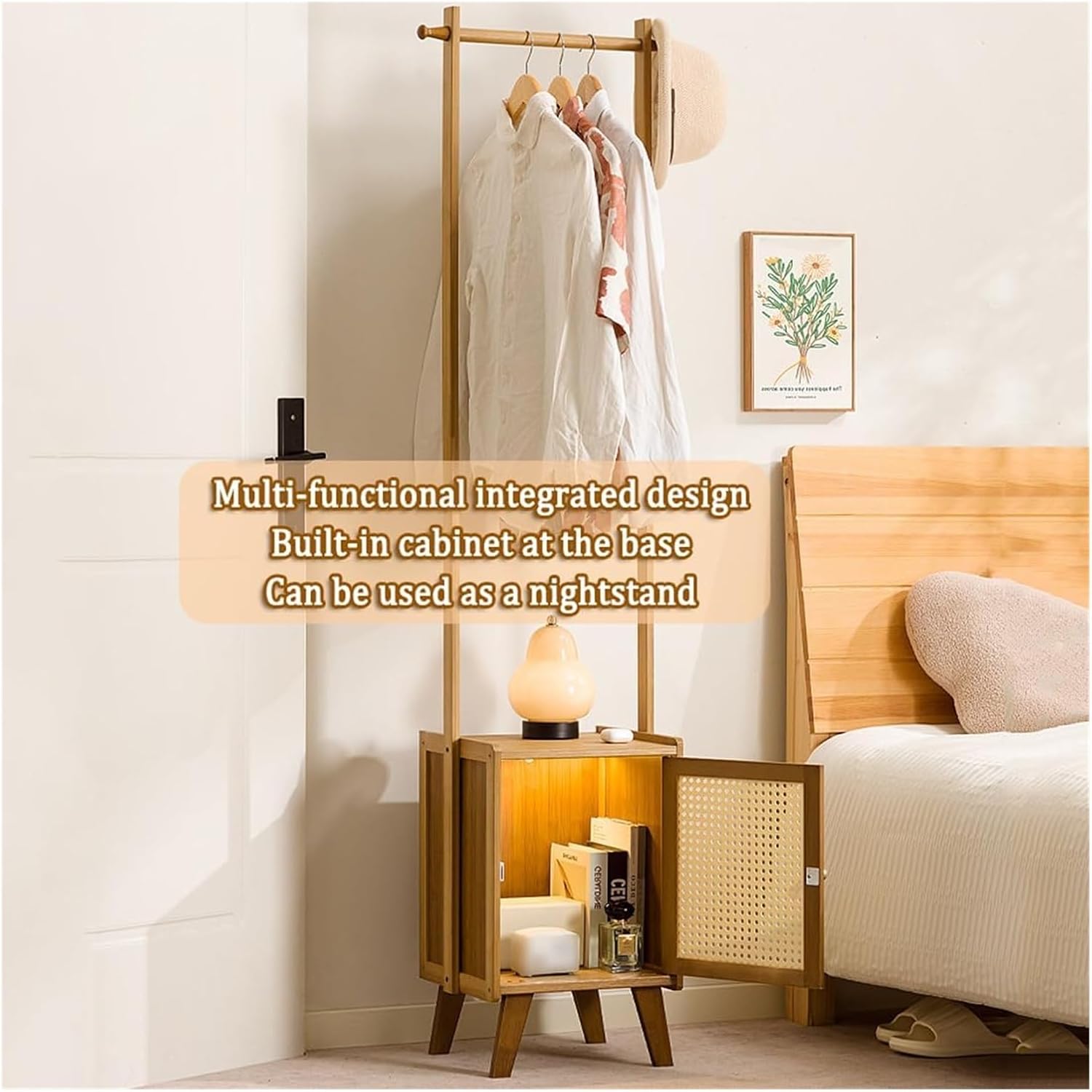Bamboo Clothes Rack with Storage Basket - Freestanding Solid Wood Garment Rack for Bedroom, Living Room, and Hallway Organization(Tea Brown)