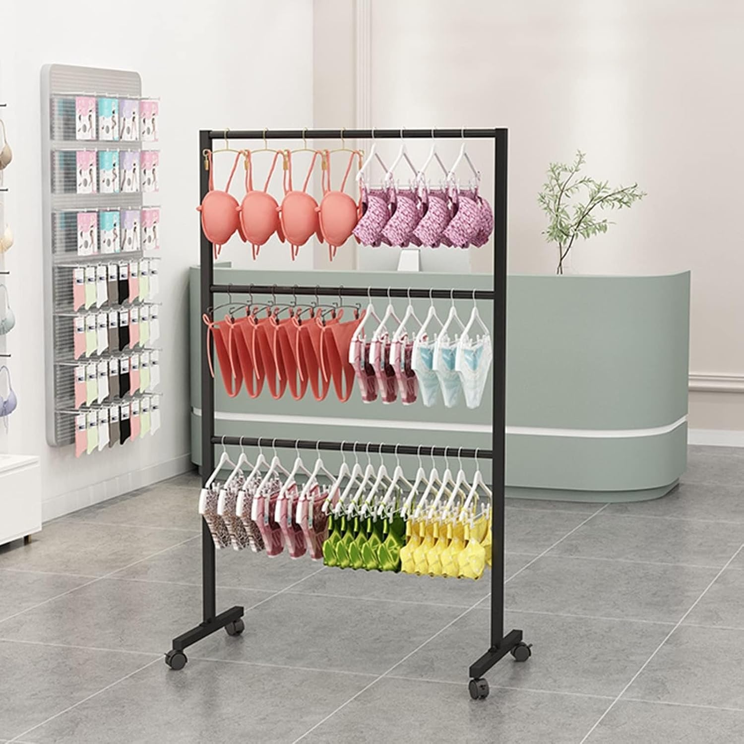 Underwear Display Rack,Bra Rack with Wheels,Garment Rack,Clothing Store,Retail Shelving,Commercial Free Standing Hanger for Bikini,Swimwear,Lingerie (Color : Black,
