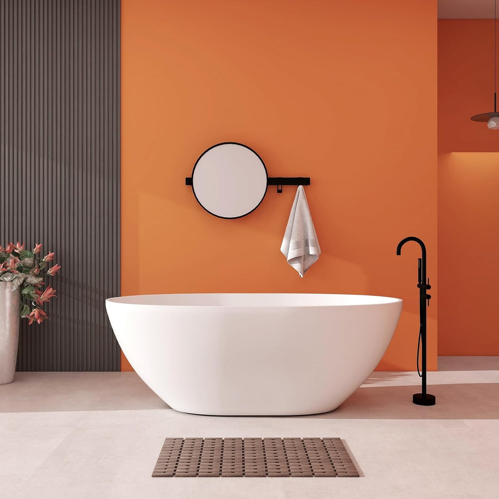 Upgraded 65' Solid Surface Freestanding Bathtub, Oval Stone Resin Tub with Overflow and Pop-up Drain, Matte White