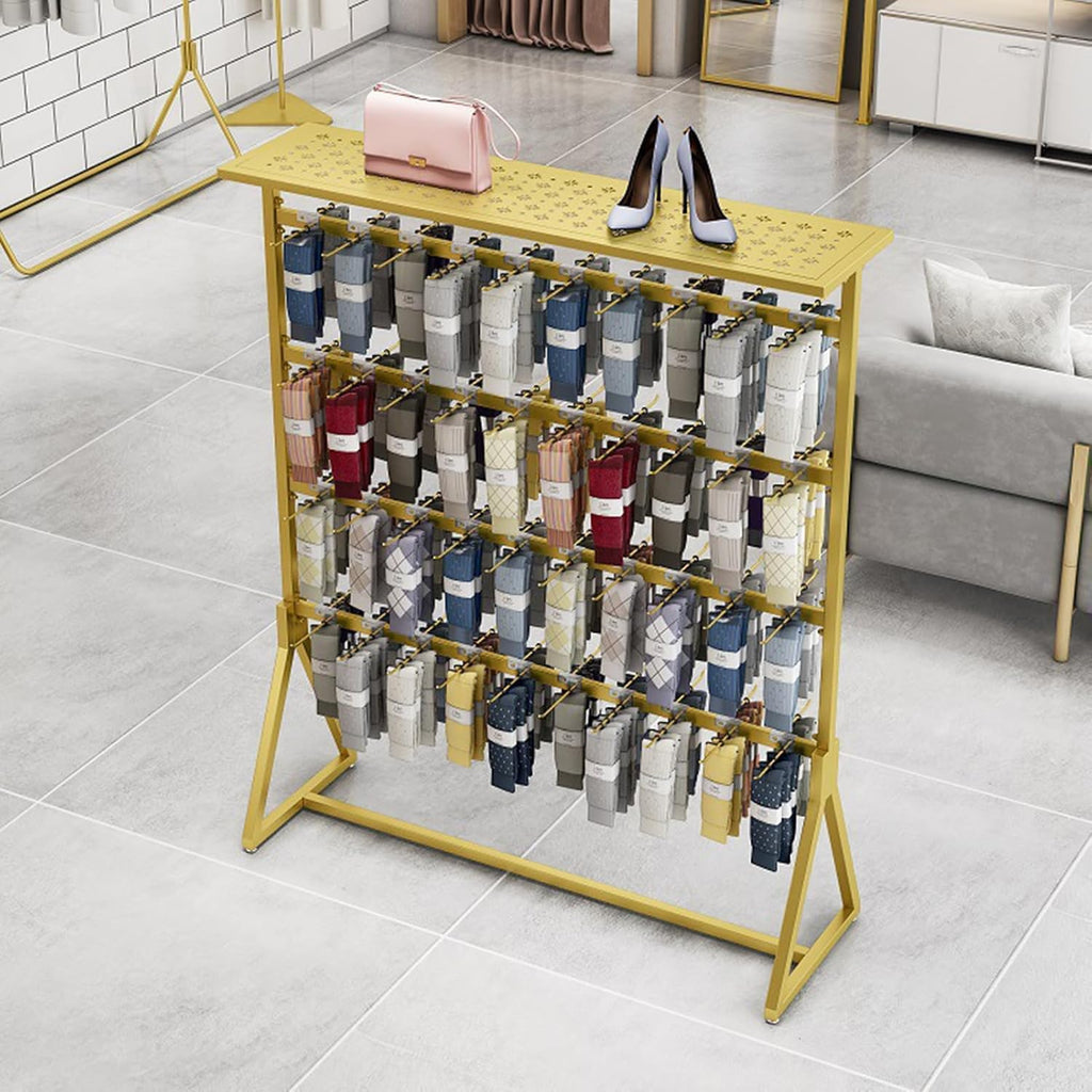 Lingerie Garment Rack Freestanding Underwear Rack with Top Shelf, 3-Tier Underclothing Rack for Boutiques, Retail Store Panty Shorts Bra Swimsuit Socks Display Stand (Gold 120x150cm)