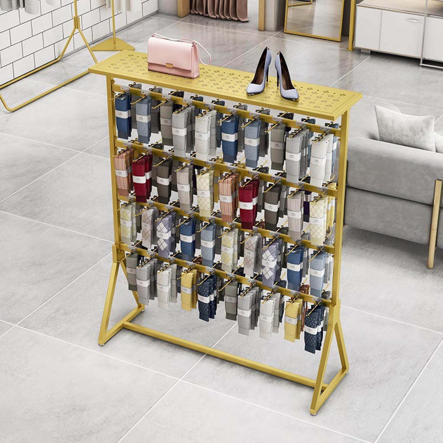 Lingerie Garment Rack Freestanding Underwear Rack with Top Shelf, 3-Tier Underclothing Rack for Boutiques, Retail Store Panty Shorts Bra Swimsuit Socks Display Stand (Gold 150x150cm)
