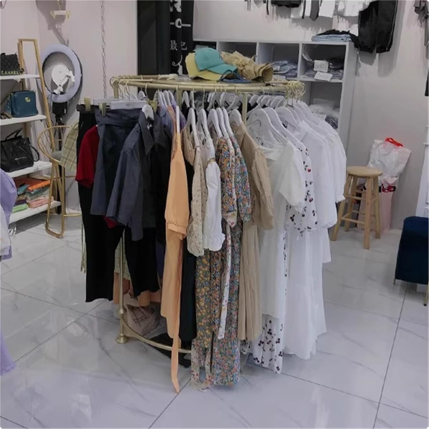 Metal Garment Rack, Round, Floor Standing Clothing Display Stand, Multi-Purpose, Heavy Duty, for Bedroom Boutique Commercial Shop Laundry Room, 130cm/51.1in(Gold,100 * 130cm)