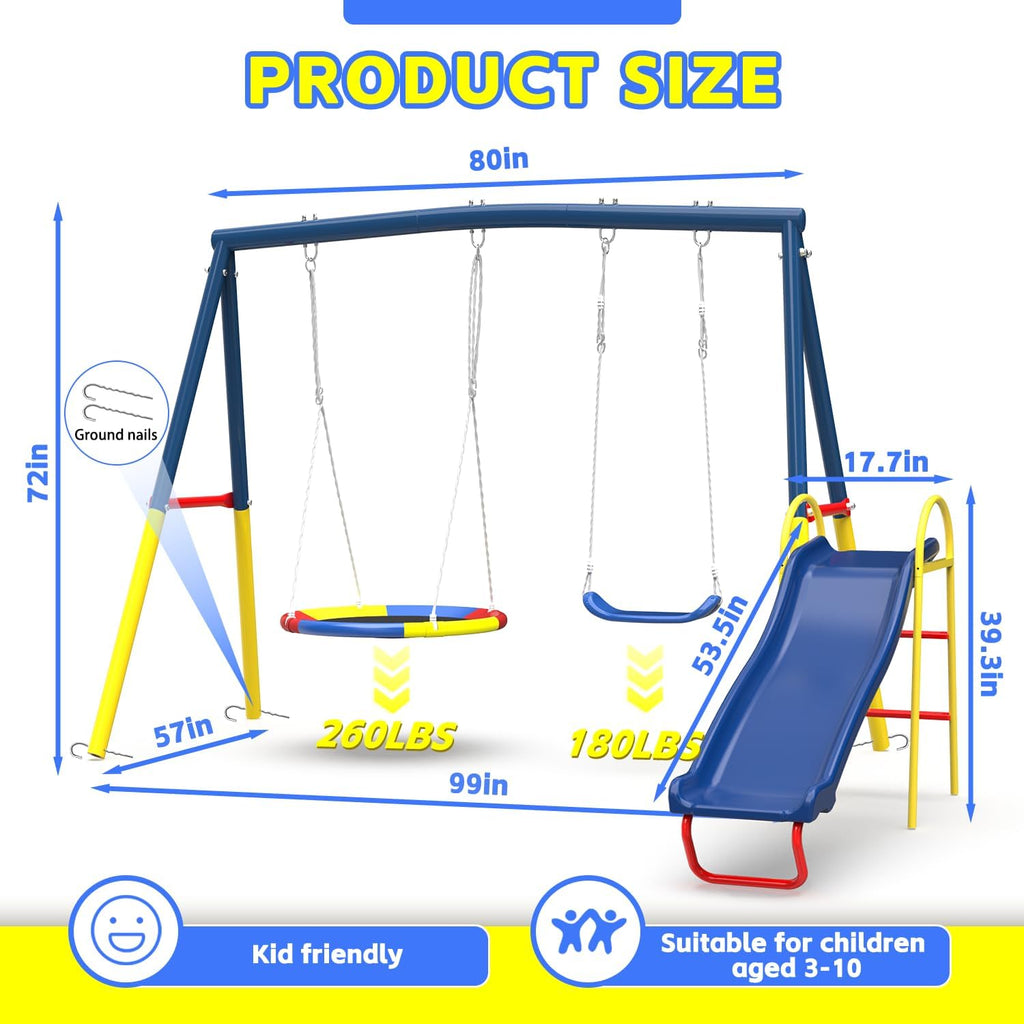 Swing Set for Backyard with Stand, Swing Heavy Duty 440lbs Metal Outdoor Swing Stand, Contain 1 Saucer 32' & 1 Belt seat 26.2' + 53in Blow Molded Slide for Playground, Backyard Playset