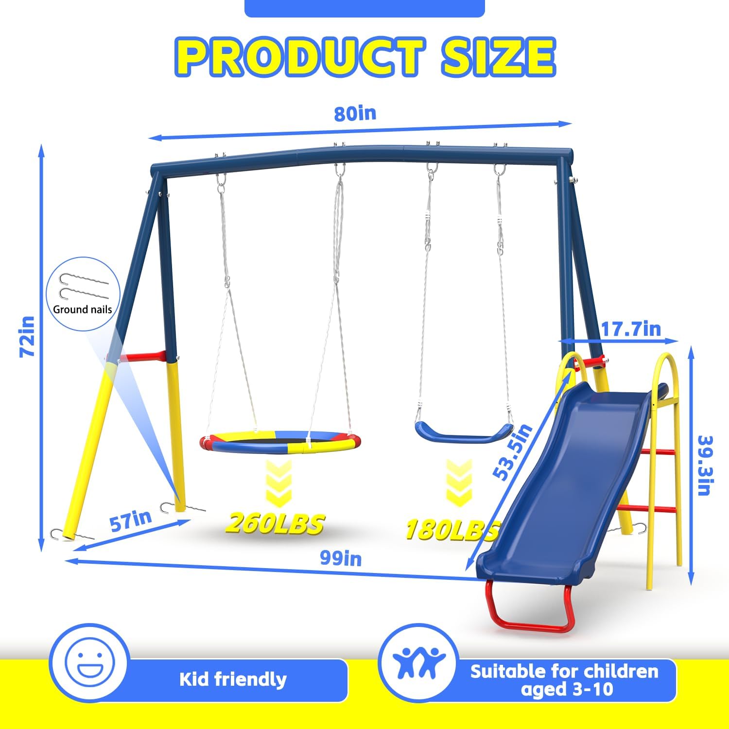 Swing Set for Backyard with Stand, Swing Heavy Duty 440lbs Metal Outdoor Swing Stand, Contain 1 Saucer 32' & 1 Belt seat 26.2' + 53in Blow Molded Slide for Playground, Backyard Playset