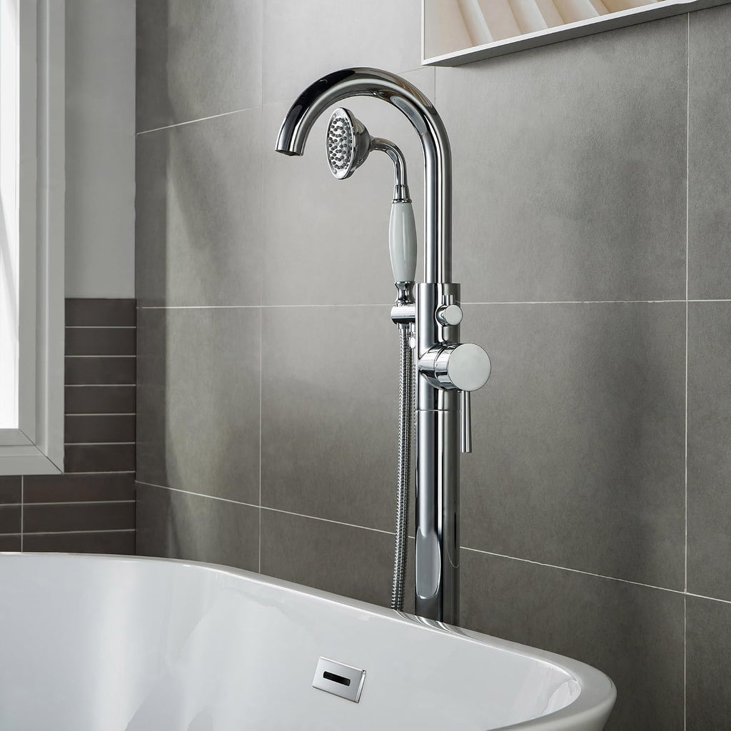 WOODBRIDGE F0002CHVT Fusion Single Handle Floor Mount Freestanding Tub Filler Faucet with Telephone Hand shower in Polished Chrome Finish