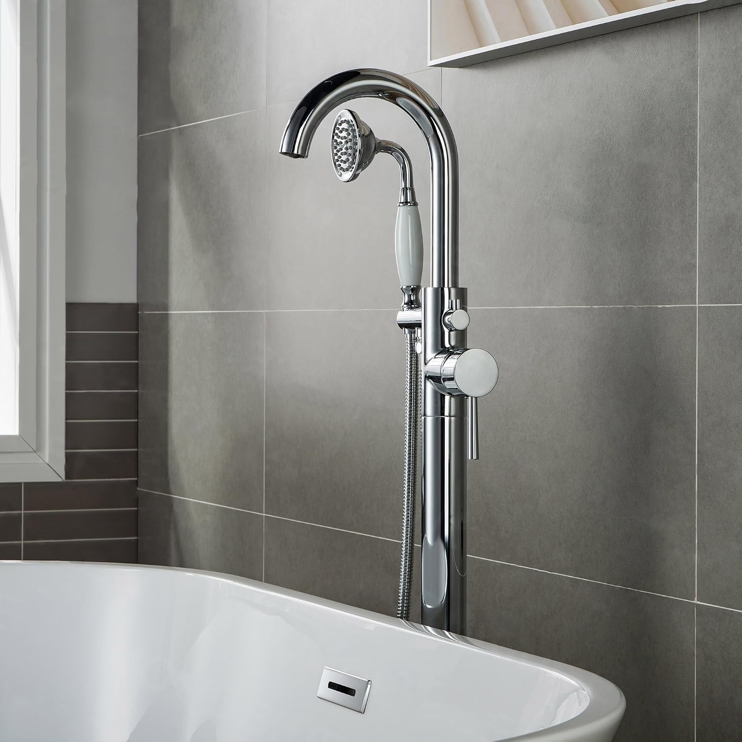 WOODBRIDGE F0002CHVT Fusion Single Handle Floor Mount Freestanding Tub Filler Faucet with Telephone Hand shower in Polished Chrome Finish