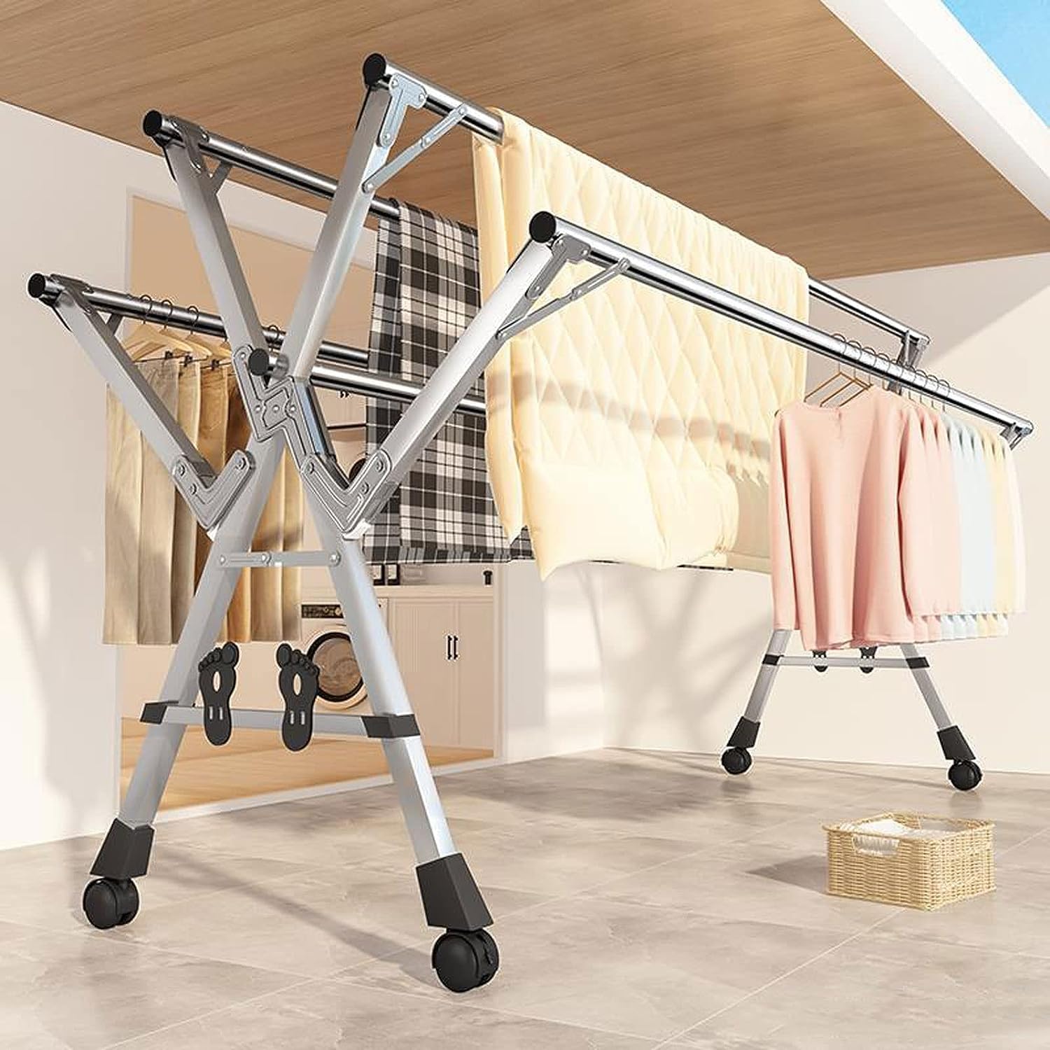 Laundry Drying Rack Floor Folding Indoor Adjustable Clothes Drying Rack Collapsible Laundry Heavy Duty Space-Saving Garment Balcony Bedroom(150cm)