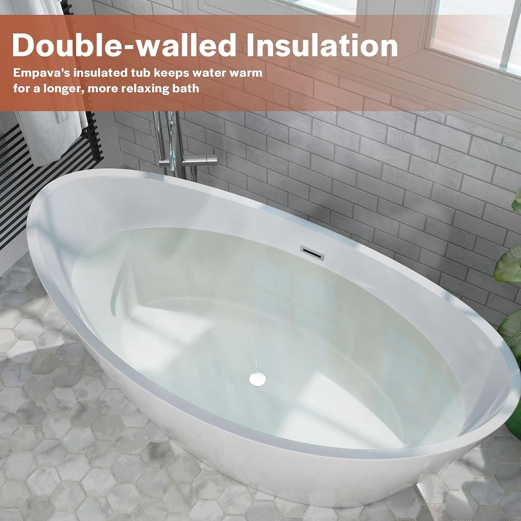 Empava Freestanding Bathtub,59 in Soaking Tub,Luxury Acrylic Stand Alone Tub Included Overflow and Drain for Bathroom, Glossy White,cUPC Certified