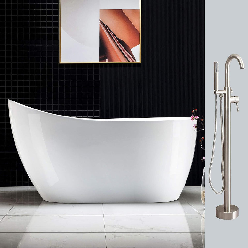 WOODBRIDGE BTA1507 BN 54' Acrylic Freestanding Bathtub Contemporary Soaking Tub Overflow and Drain BTA1507-B,with Brushed Nickel Faucet F0001, White (BTA1507 BN+F0001)