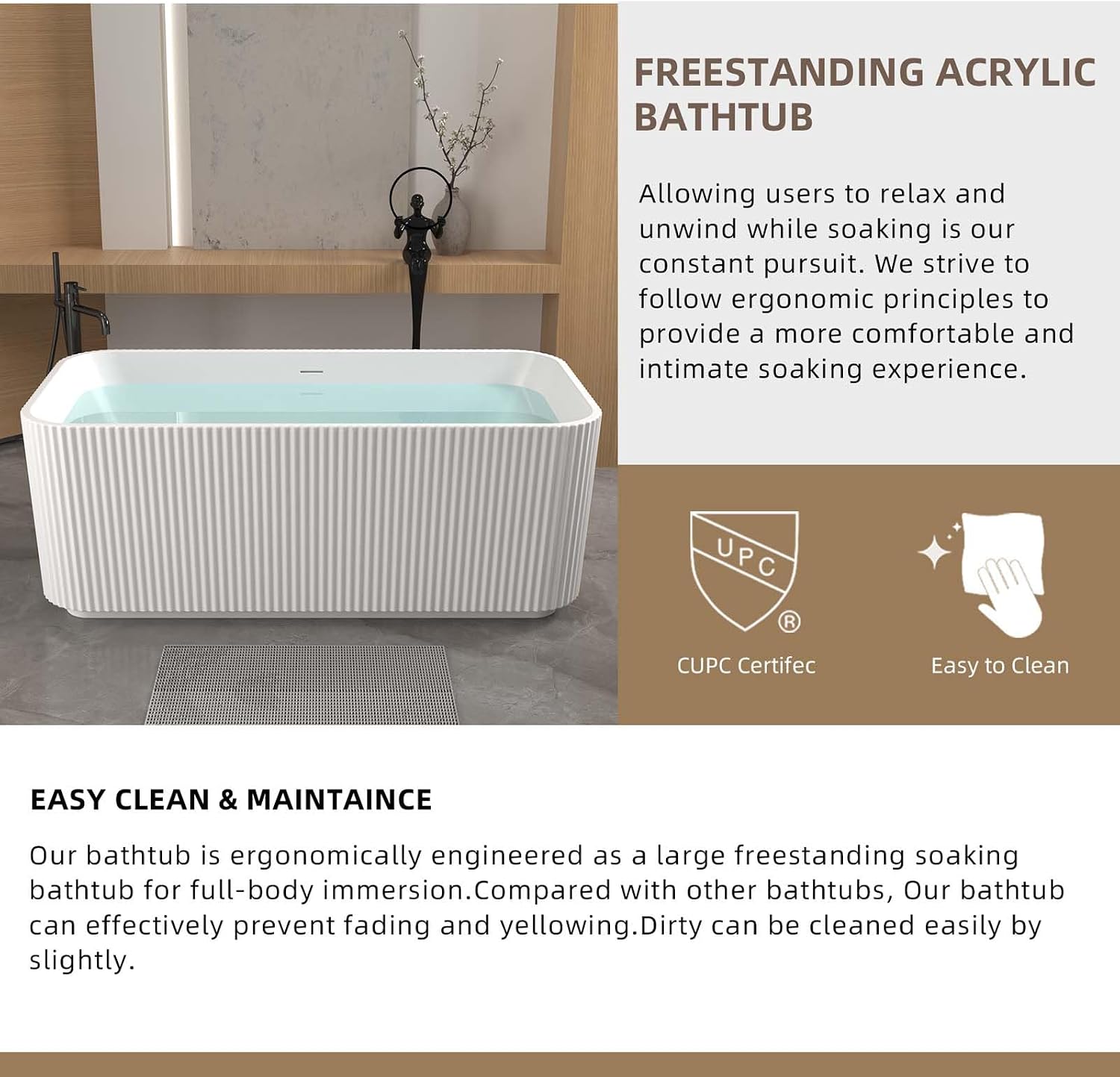 59' Acrylic Freestanding Tub, Rectangle Linear Stand Alone Soaking Tubs with Pop-up Chrome Drain, Free Standing Bathtubs with CUPC Certified, White